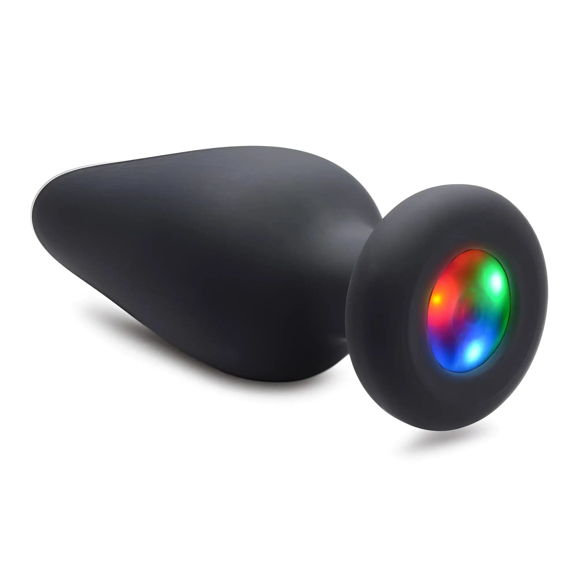 Booty Sparks silicone anal plug in black with a round base featuring a glowing multi-colored LED light.