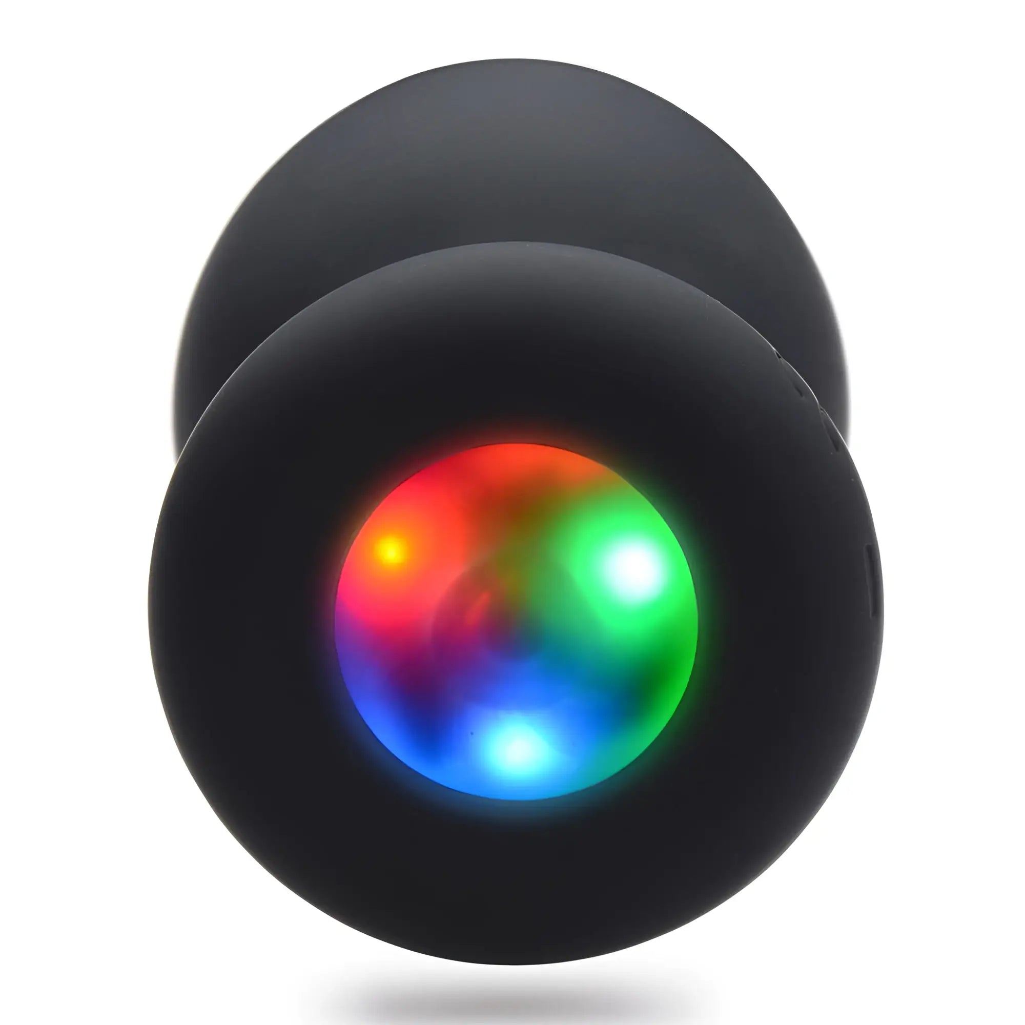 Booty Sparks Light Up Silicone Anal Plug: A black, rounded silicone plug featuring a glowing multi-colored LED base.