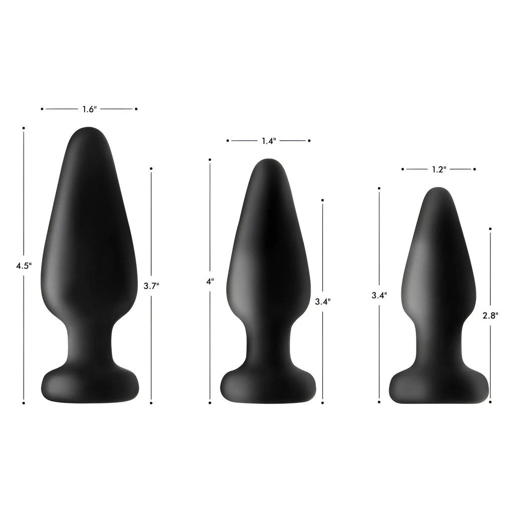 Booty Sparks Light Up Silicone Anal Plug in three sizes, shown in black with measurement labels for scale.
