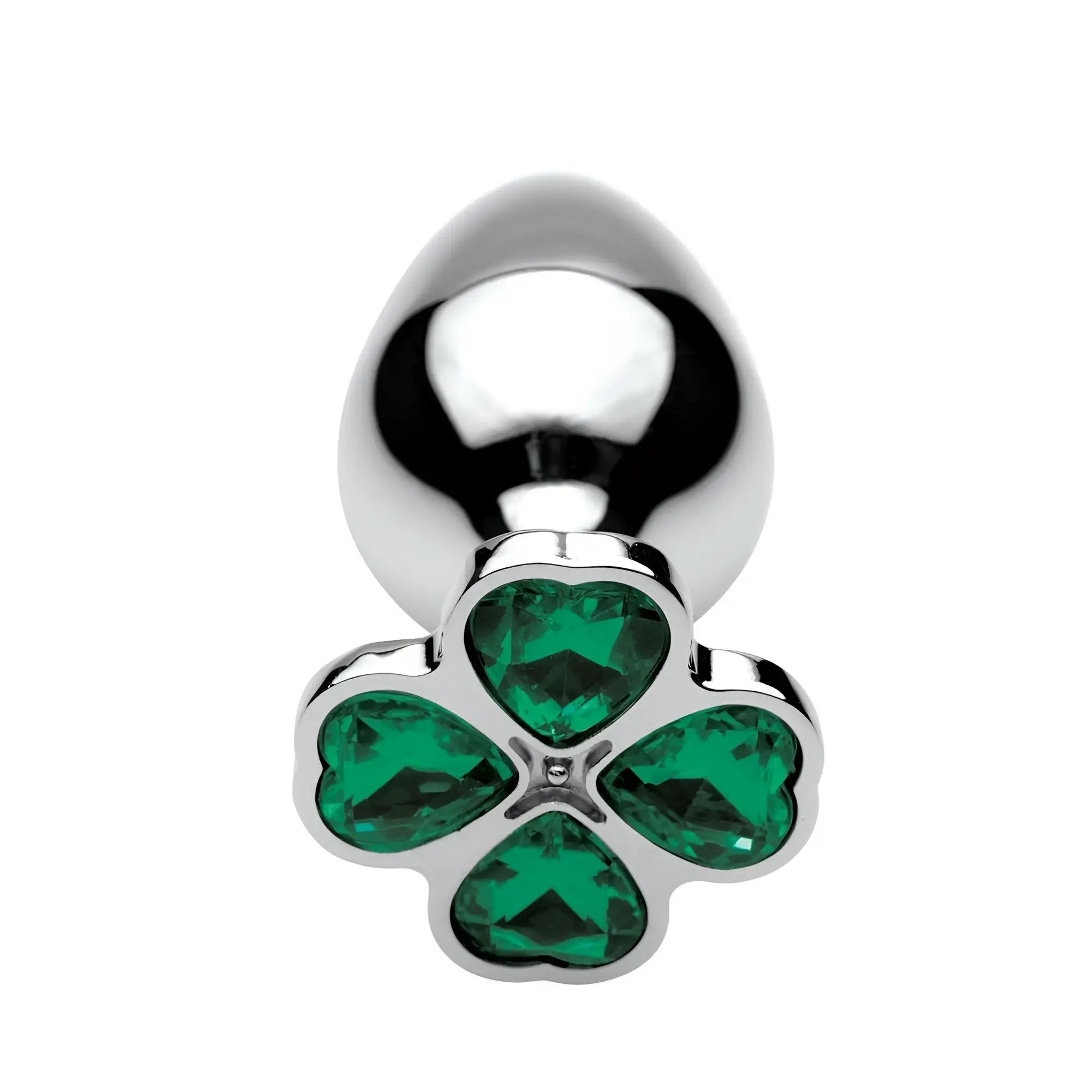 Booty Sparks Lucky Clover anal plug: metallic silver base with a four-leaf clover design featuring green heart gems.