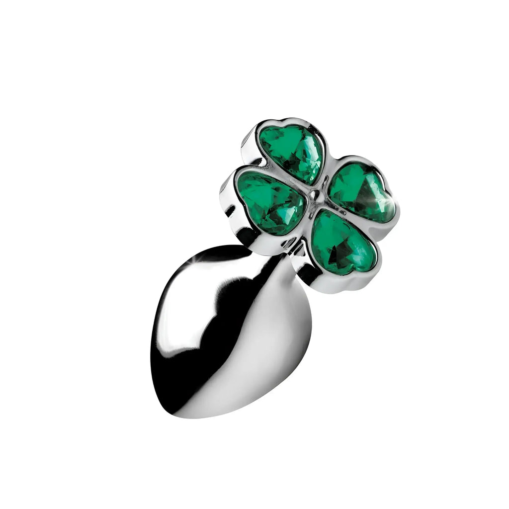 Booty Sparks Lucky Clover Gem Anal Plug: A silver-toned metal plug topped with a sparkling green four-leaf clover gem.