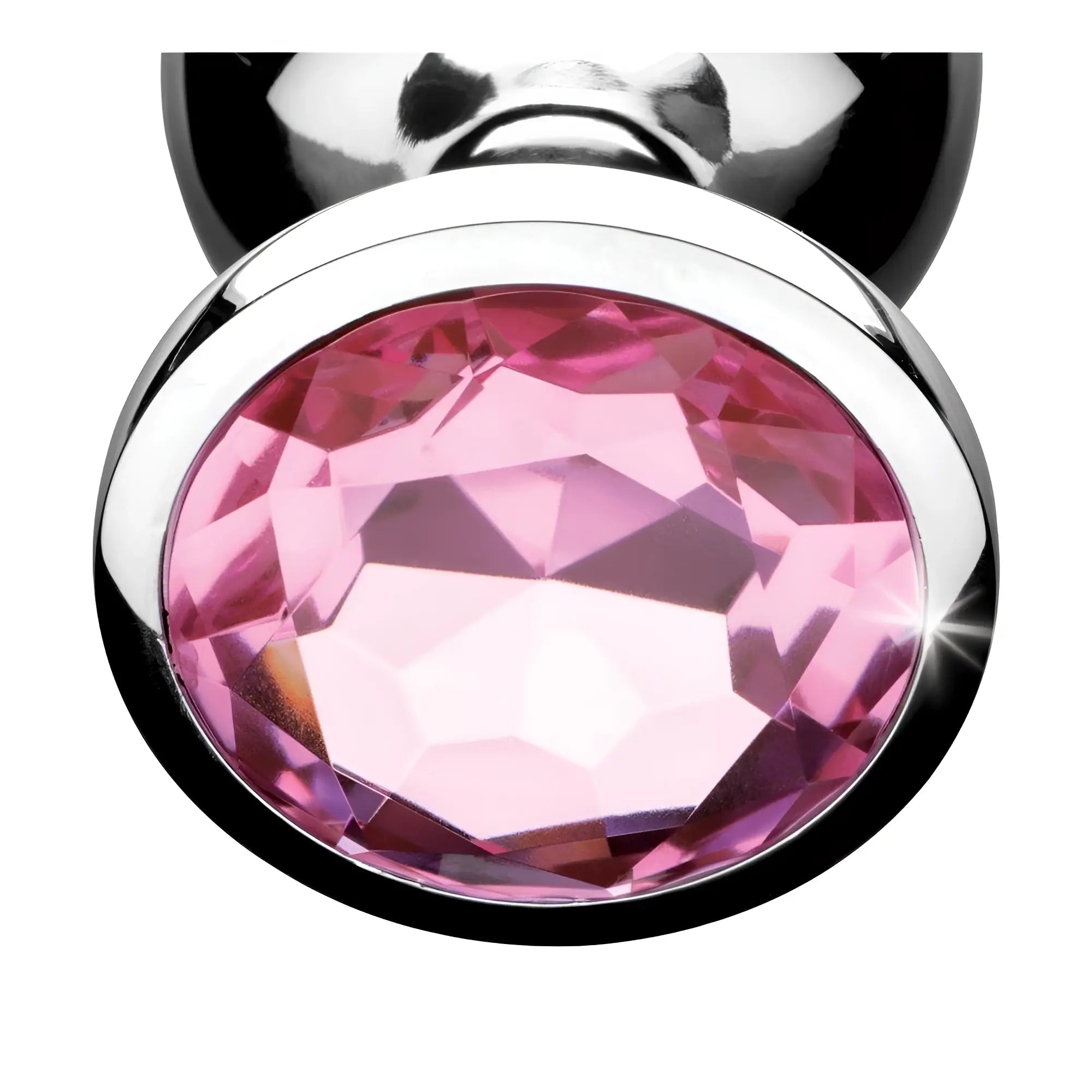 Booty Sparks Pink Gem Anal Plug featuring a large, faceted pink crystal set in a polished silver base.