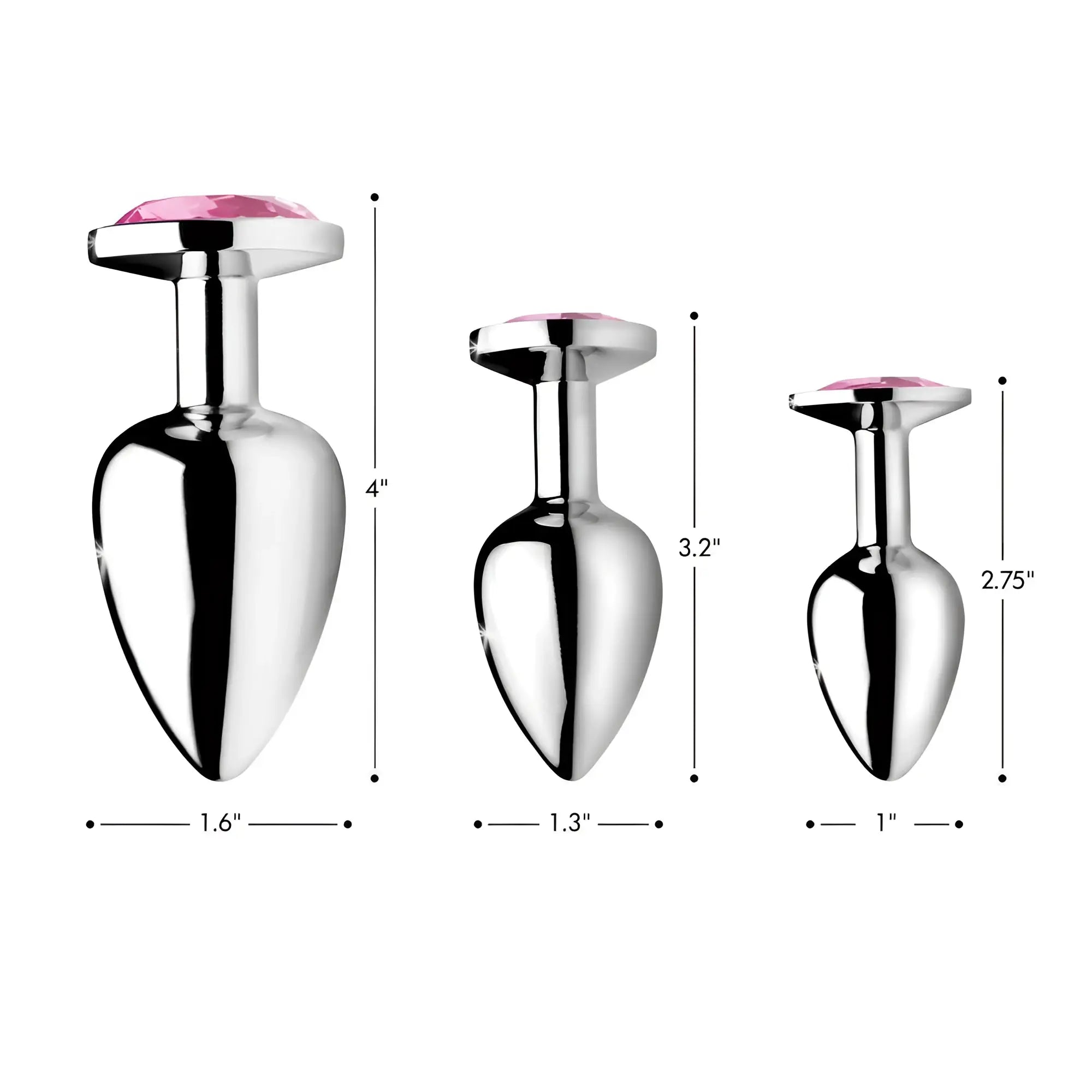 Booty Sparks Pink Gem Anal Plug: Three silver-toned anal plugs with pink gem bases, shown with their size dimensions.