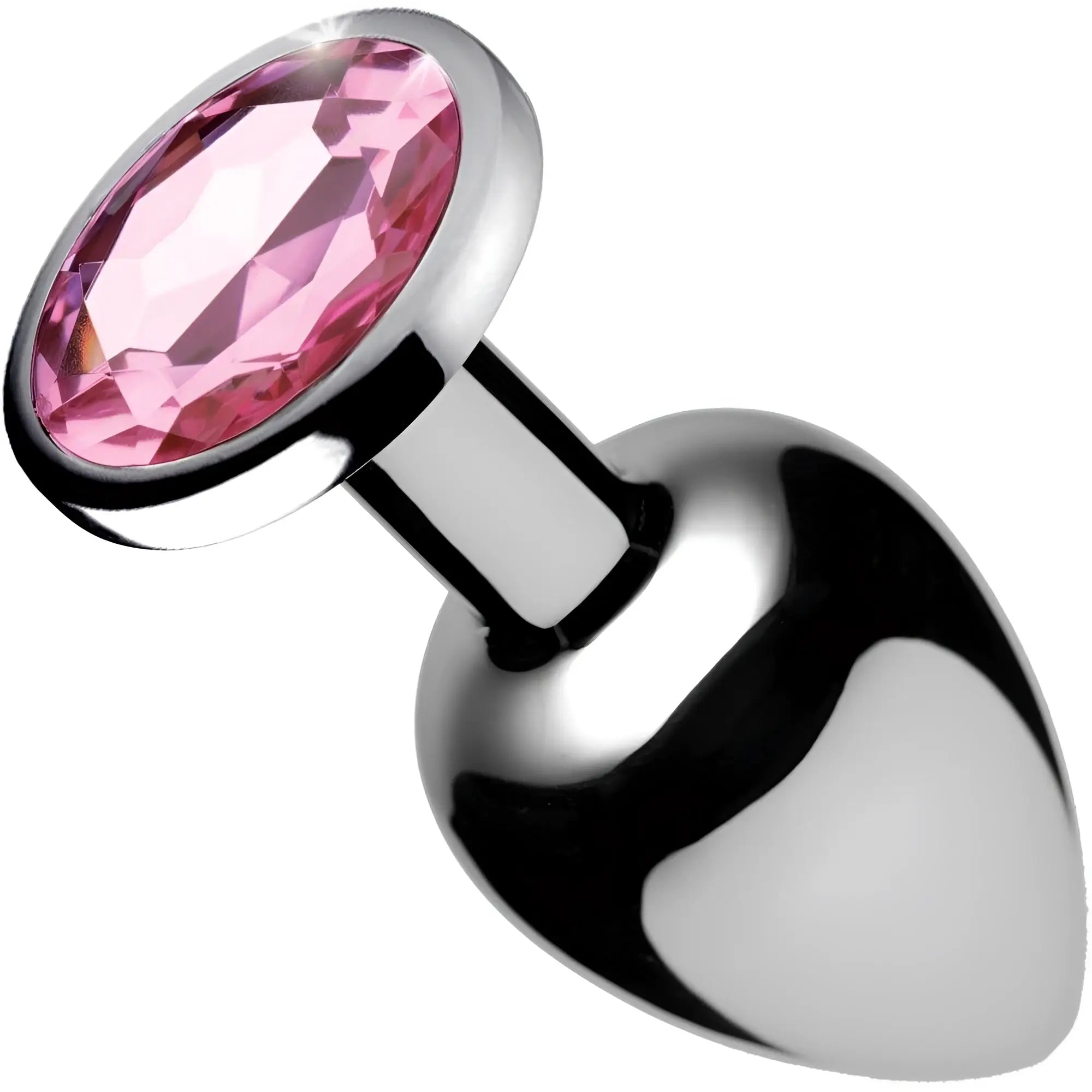 Booty Sparks anal plug with a polished silver-tone metal base and a large, faceted pink gem set in the handle.