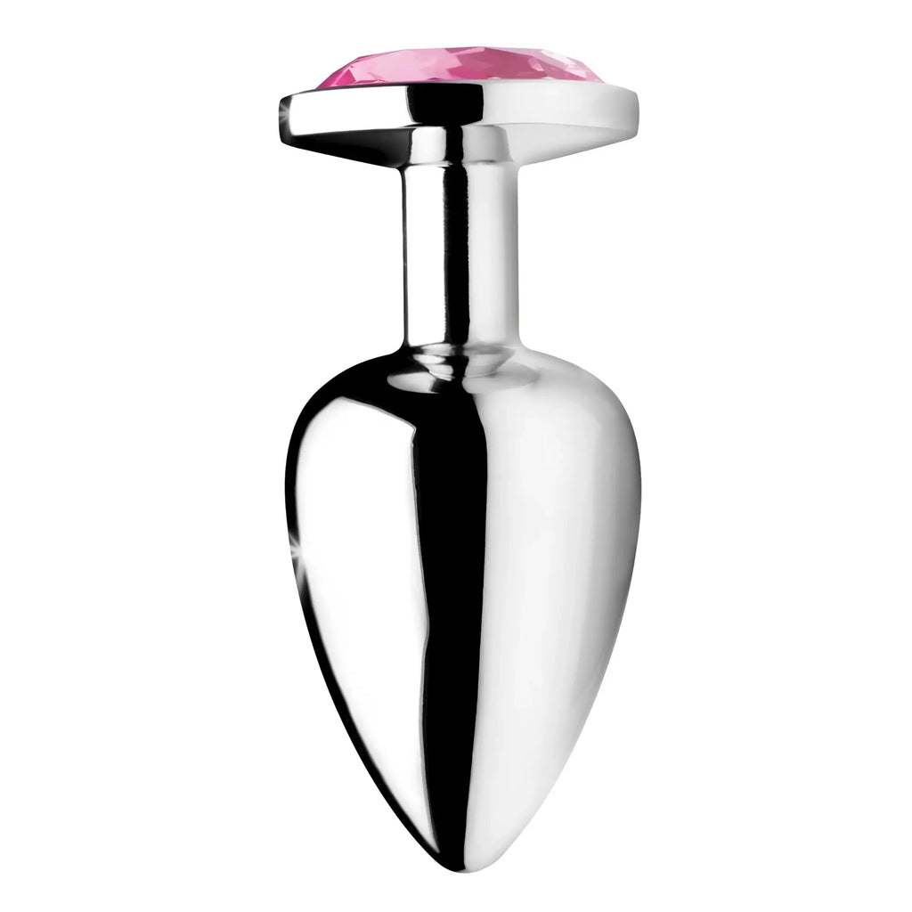 Booty Sparks silver anal plug with a shiny, smooth teardrop shape and a decorative pink gemstone at the base.