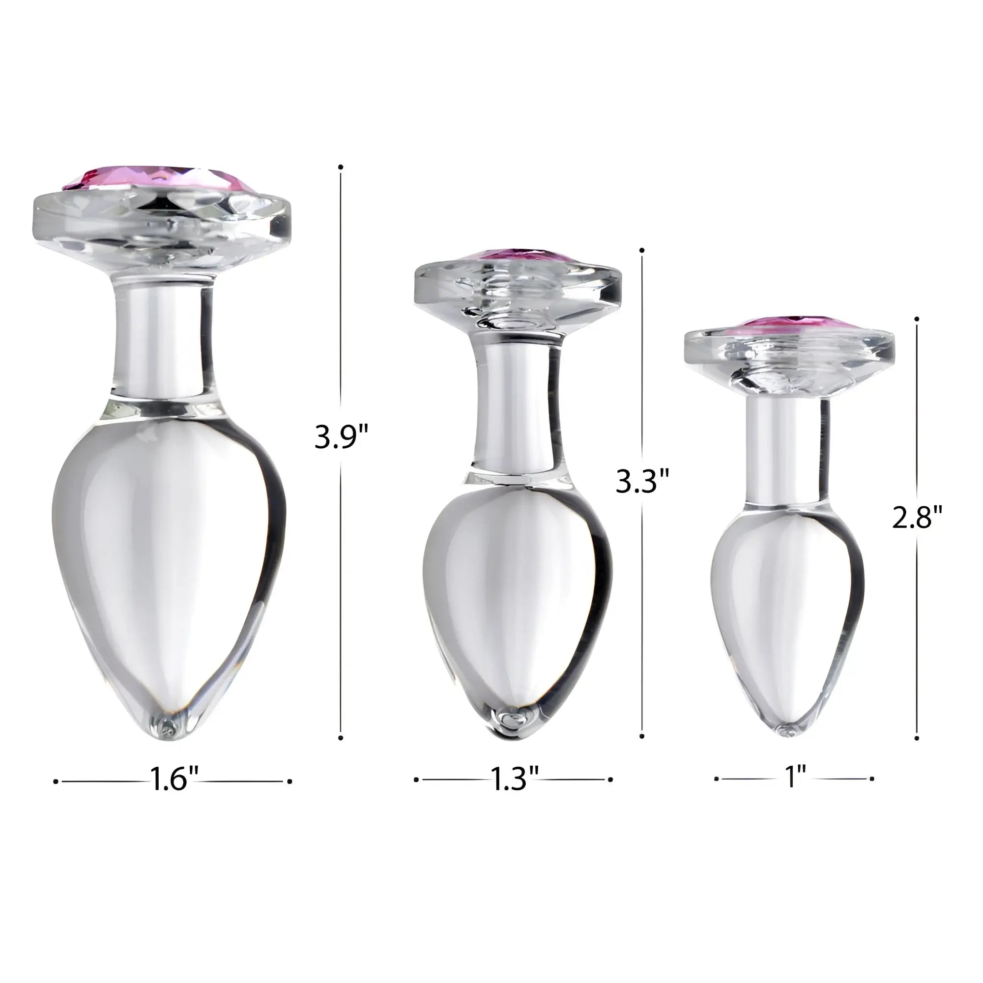 Booty Sparks Pink Gem Glass Anal Plug set of three, shown with dimensions from 2.8" to 3.9" in height.