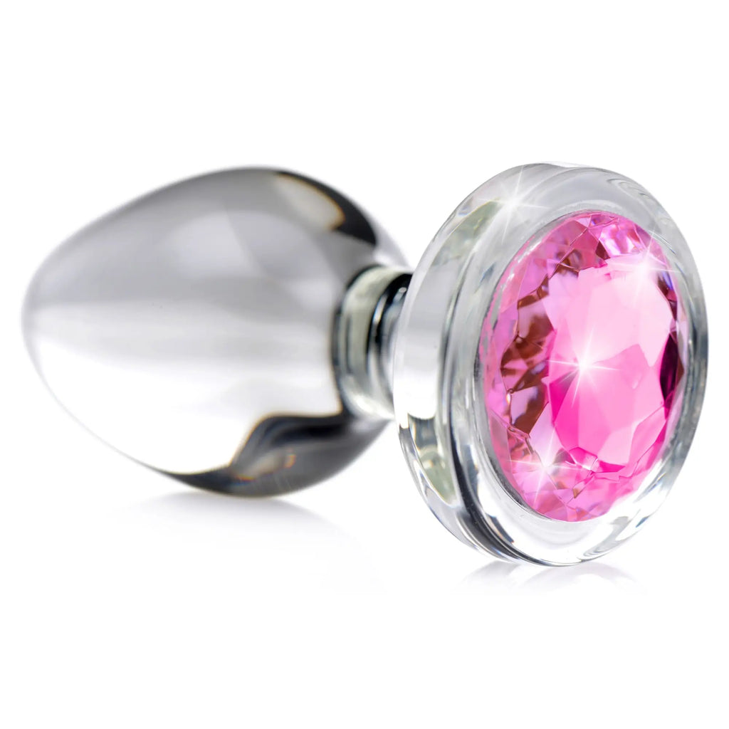 Booty Sparks Pink Gem Glass Anal Plug: a clear, teardrop-shaped glass toy with a sparkling, faceted pink jewel base.