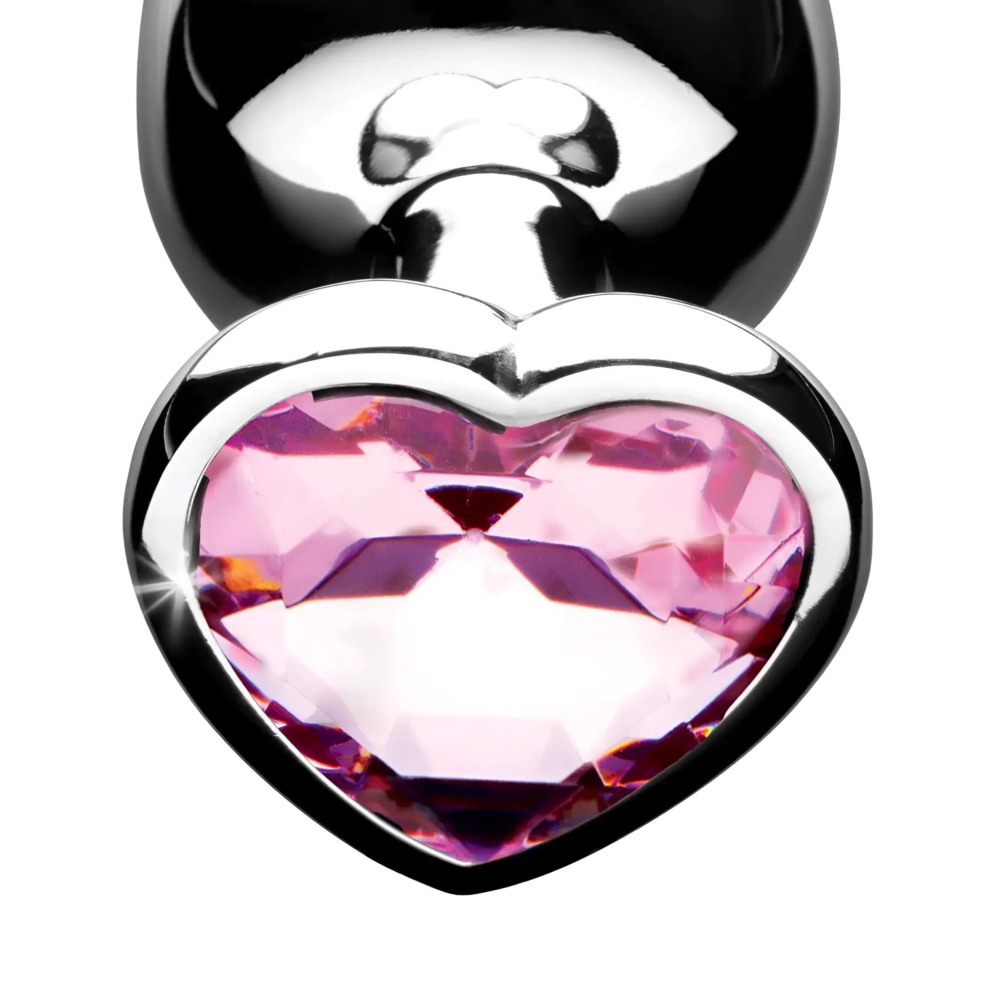 Booty Sparks Pink Heart Anal Plug featuring a metallic base and a faceted, sparkling pink heart-shaped crystal jewel.