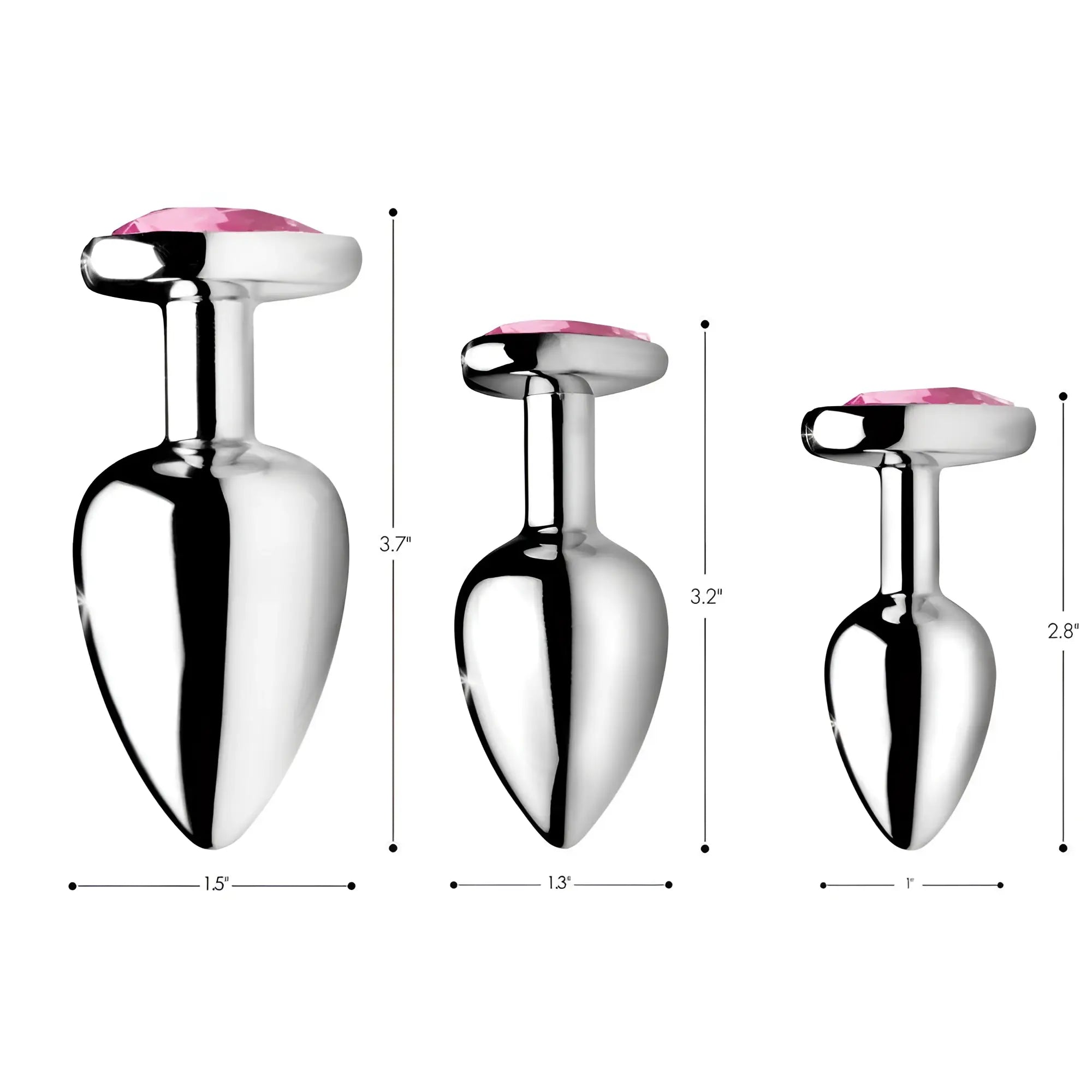 Booty Sparks pink heart anal plug set: three silver metal plugs of graduated sizes with pink heart-shaped gems.