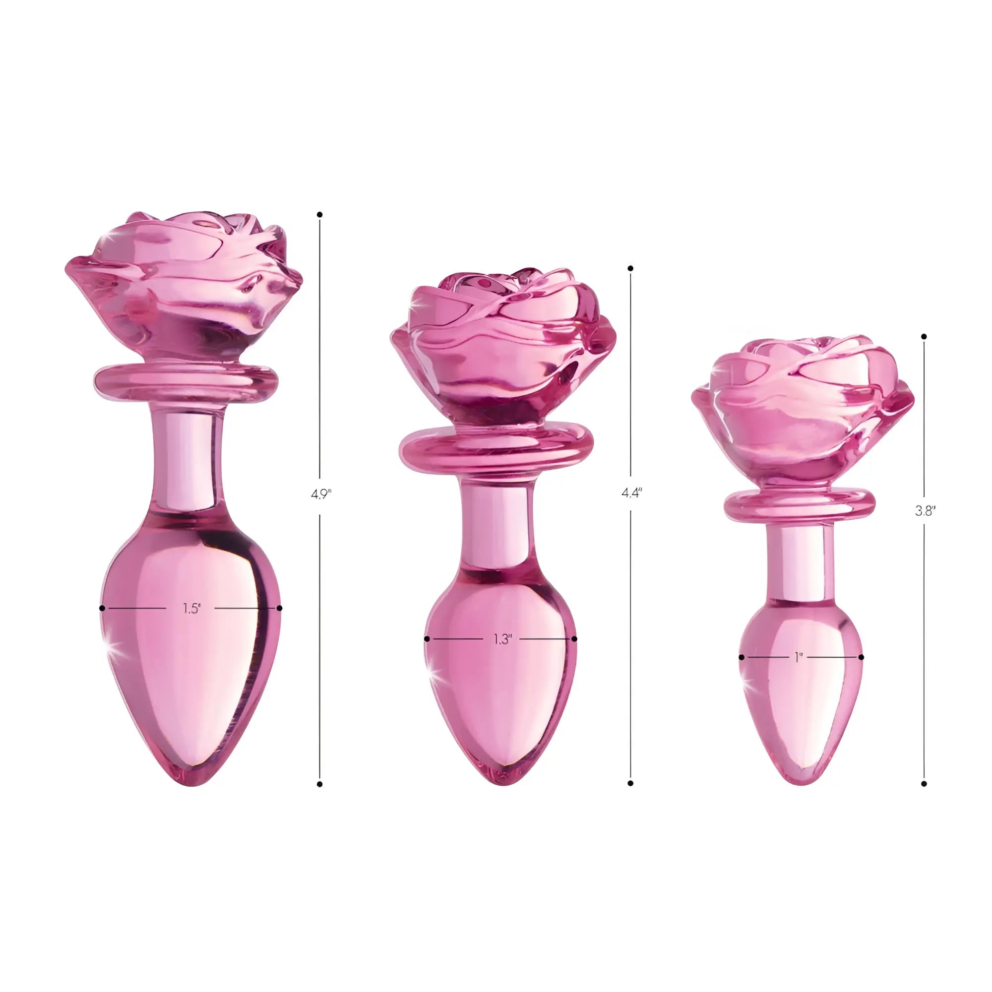 Three Booty Sparks Pink Rose glass anal plugs of varying sizes with dimension labels against a white background.