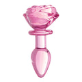 Booty Sparks Pink Rose glass anal plug featuring a teardrop-shaped base and a sculpted rose top in translucent pink.