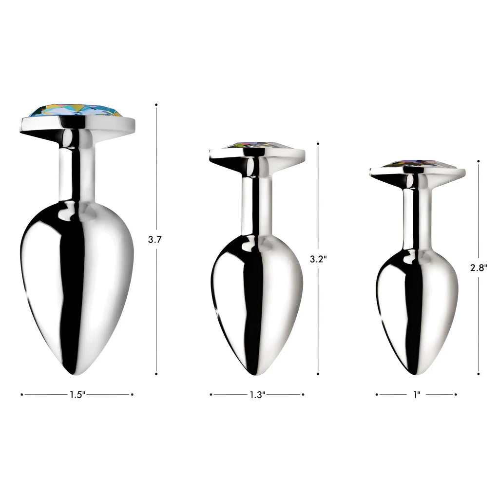 Booty Sparks Rainbow Prism Gem Anal Plugs: Set of three silver-tone plugs with colorful faceted gems and size labels.
