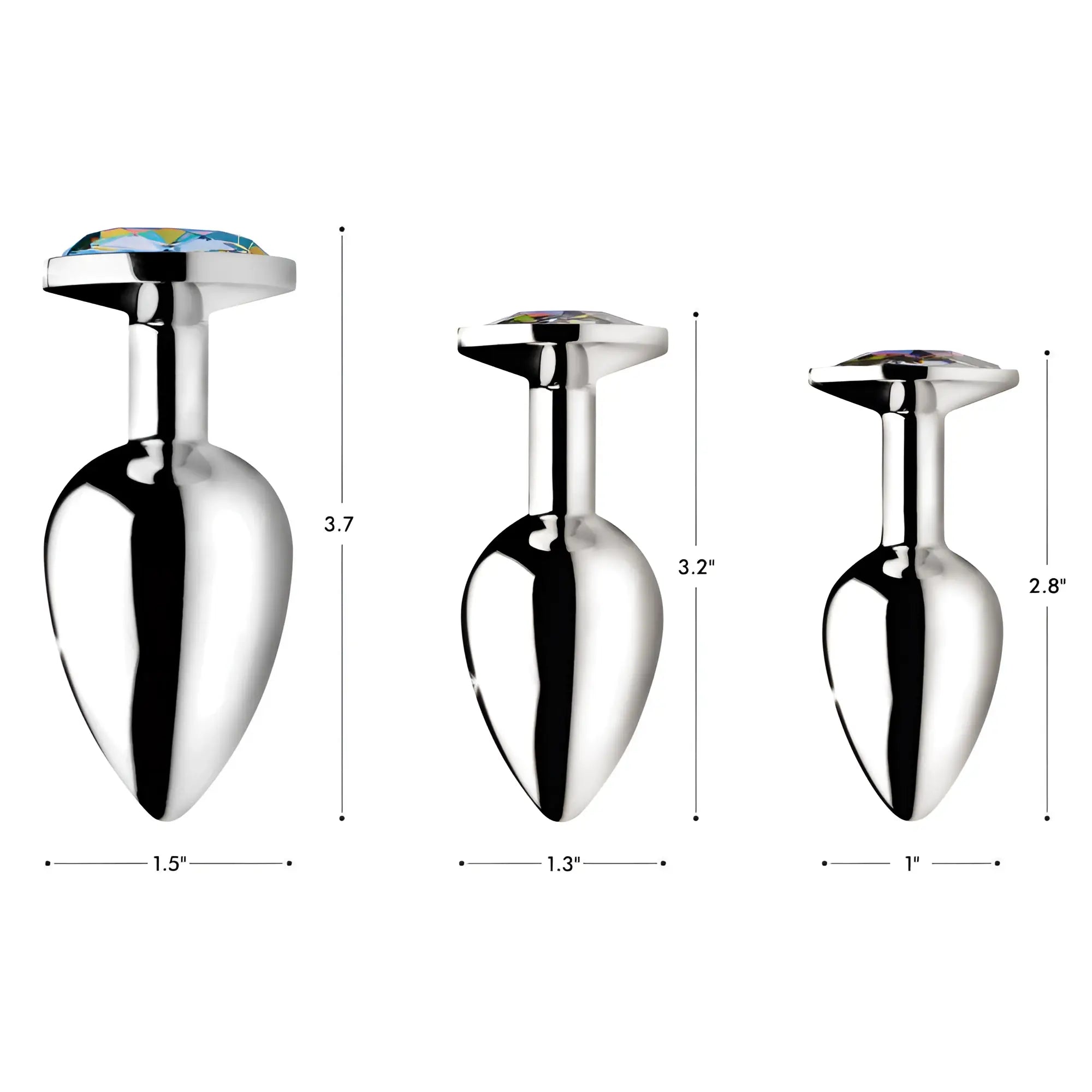 Booty Sparks Rainbow Prism Gem Anal Plugs: Set of three silver-tone plugs with colorful faceted gems and size labels.