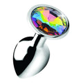 Booty Sparks anal plug with a polished silver base and a faceted, iridescent rainbow prism gem on top.