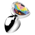 Booty Sparks Rainbow Prism Heart anal plug featuring a polished silver base and a faceted, multicolored heart crystal.