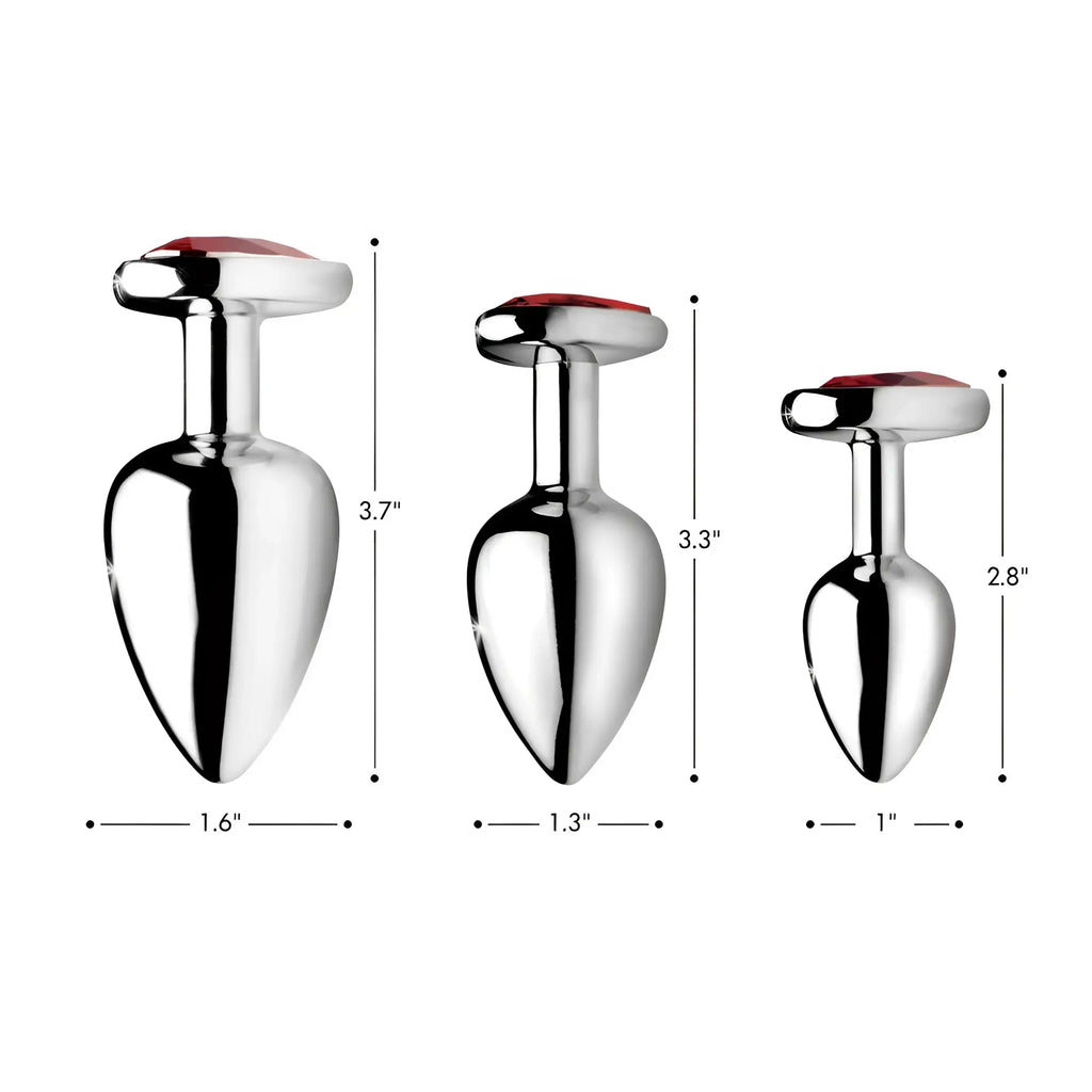 Three silver Booty Sparks anal plugs with red heart-shaped gems, shown with size measurements in inches.