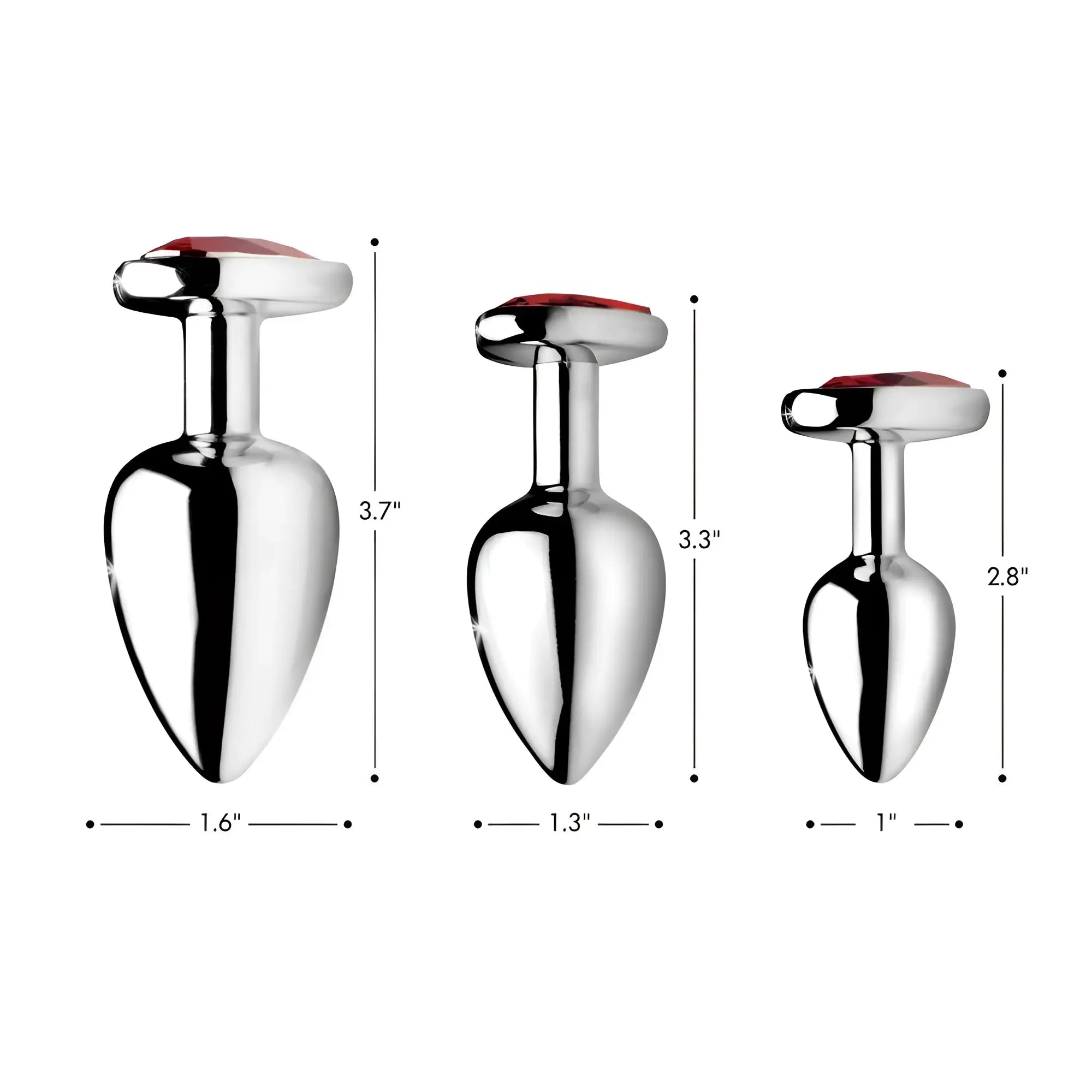 Three silver Booty Sparks anal plugs with red heart-shaped gems, shown with size measurements in inches.