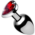 Booty Sparks Red Heart Gem Anal Plug: A polished silver metal plug featuring a faceted red heart-shaped gemstone base.