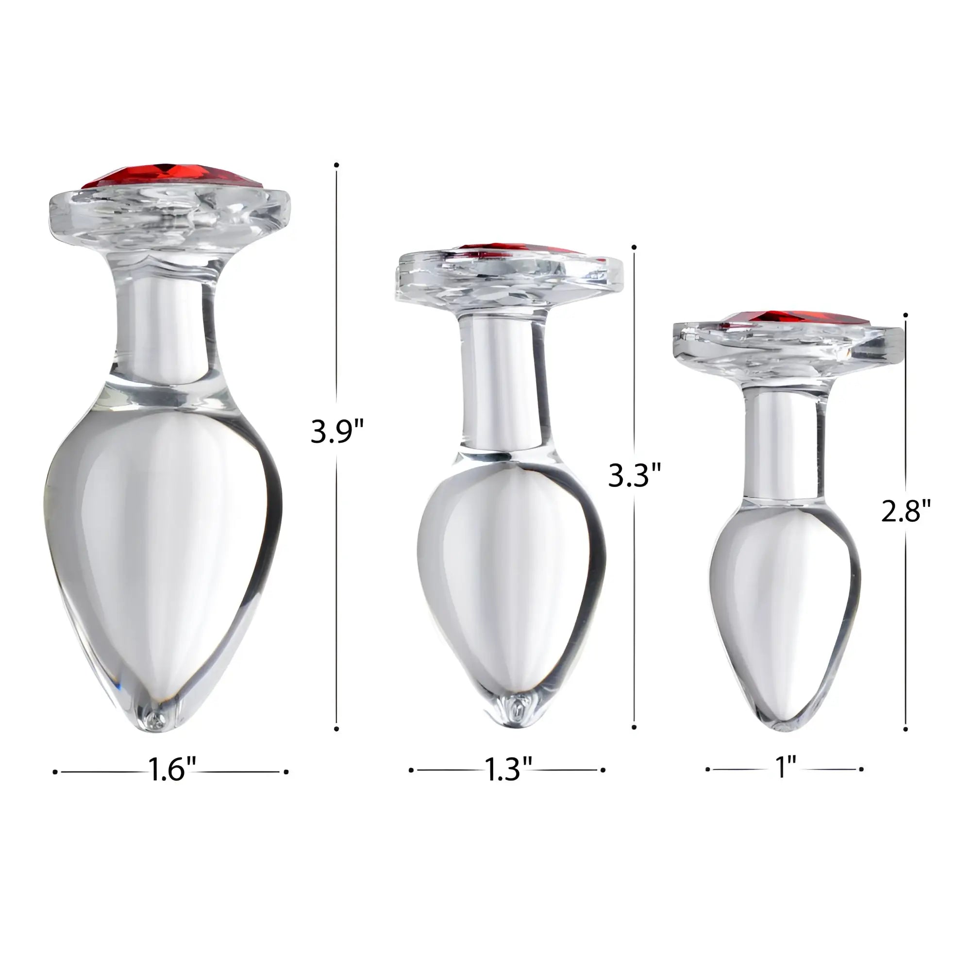 Booty Sparks Red Heart Gem Glass Anal Plug set showing three clear glass plugs with red heart tops and size labels.