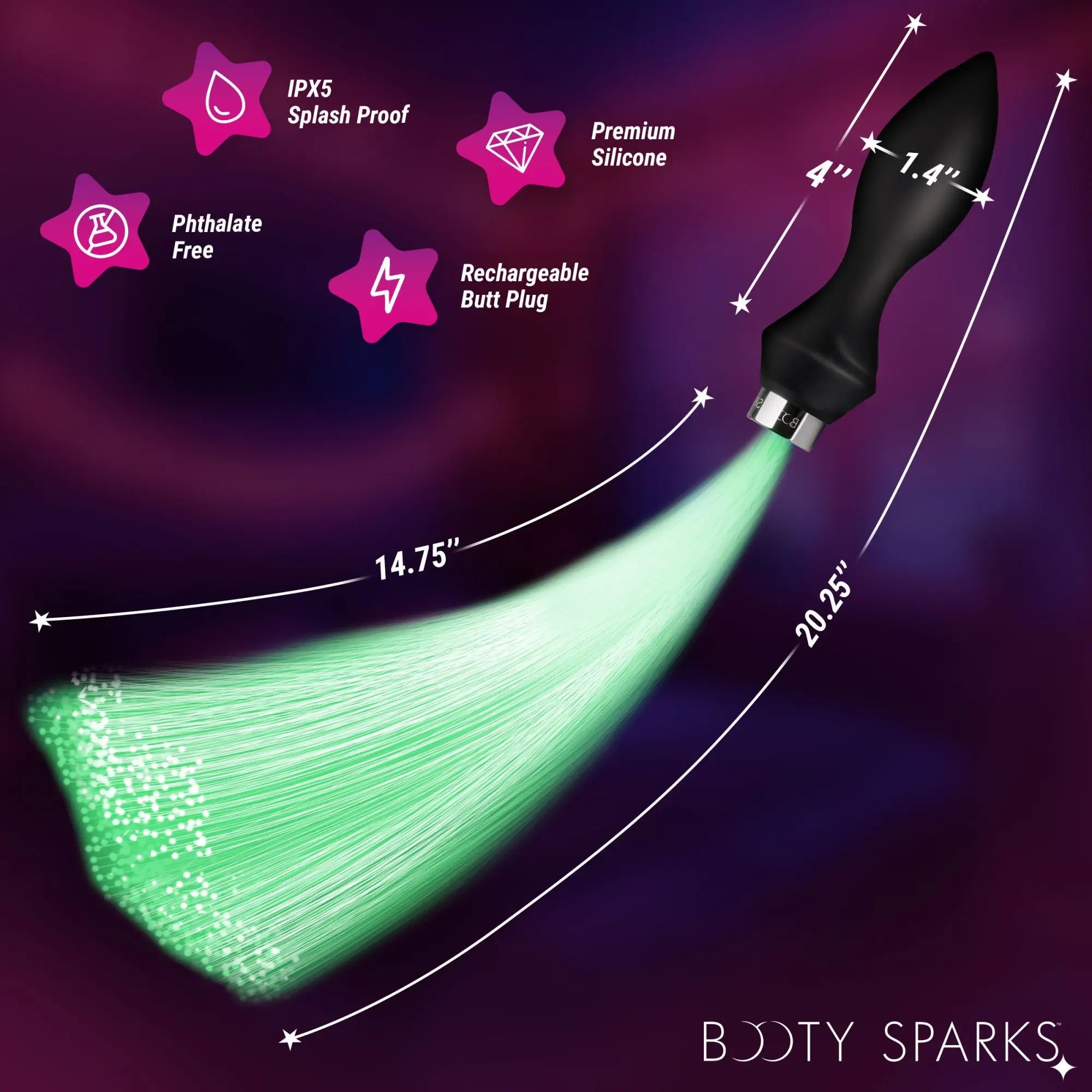 Booty Sparks black silicone vibrating butt plug with a long, glowing green fiber optic tail and product dimensions.