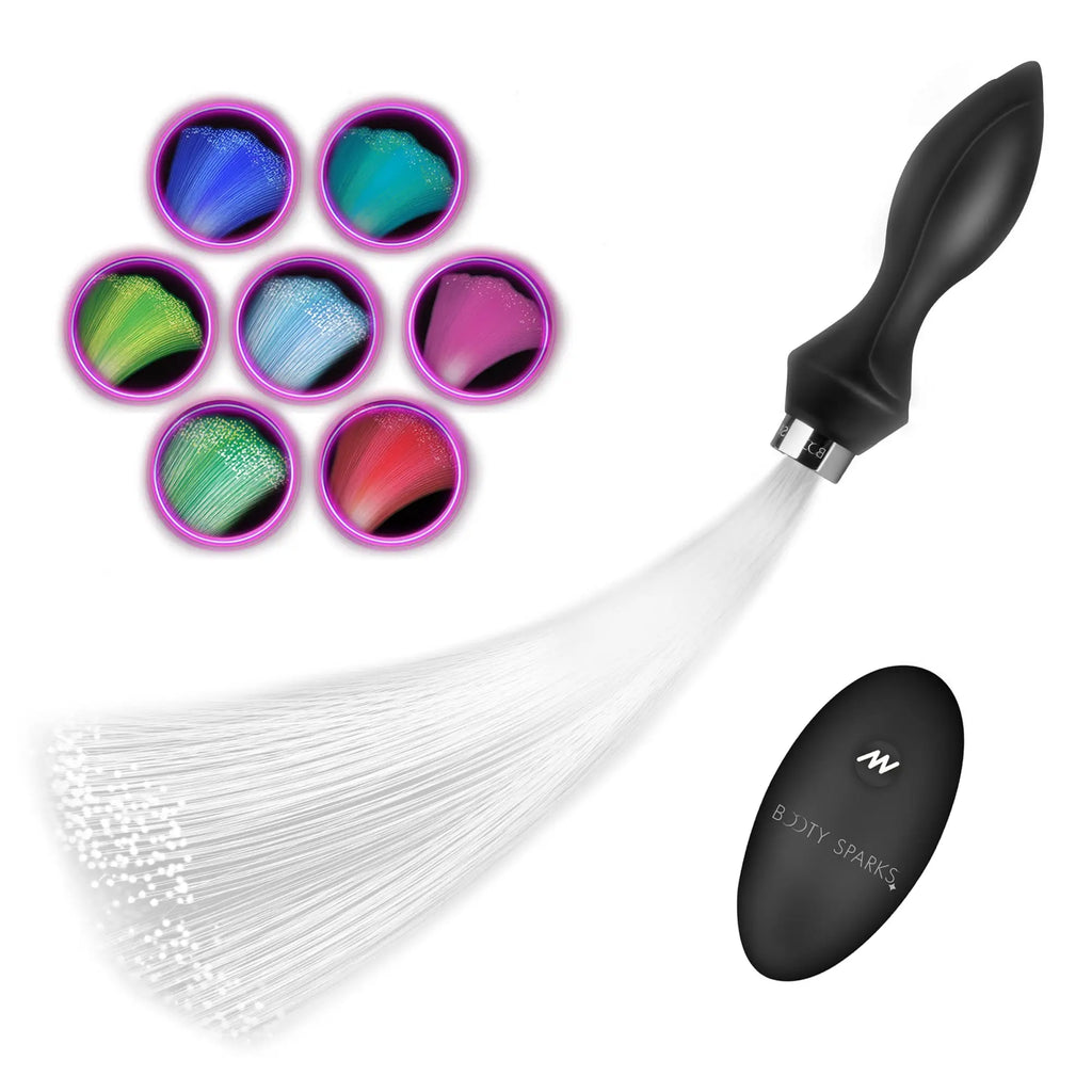 Booty Sparks black silicone butt plug with fiber optic tail, remote control, and color-changing light options.