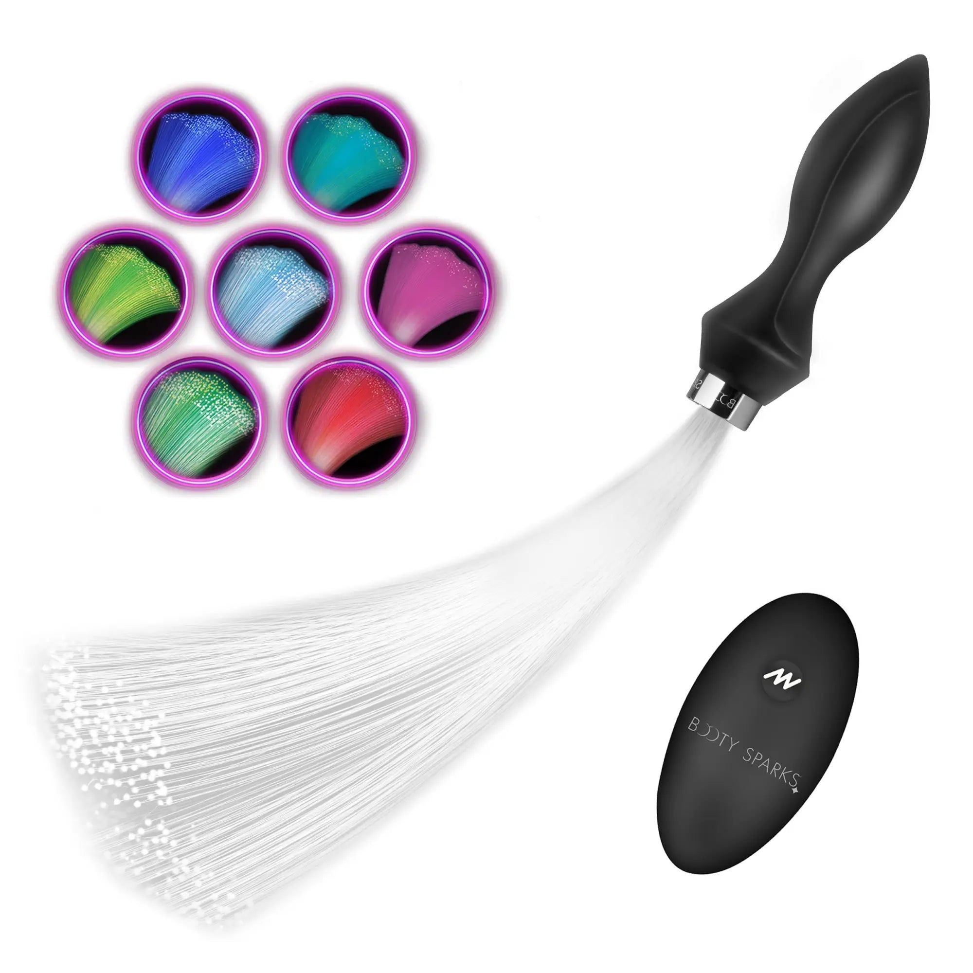 Booty Sparks black silicone butt plug with fiber optic tail, remote control, and color-changing light options.