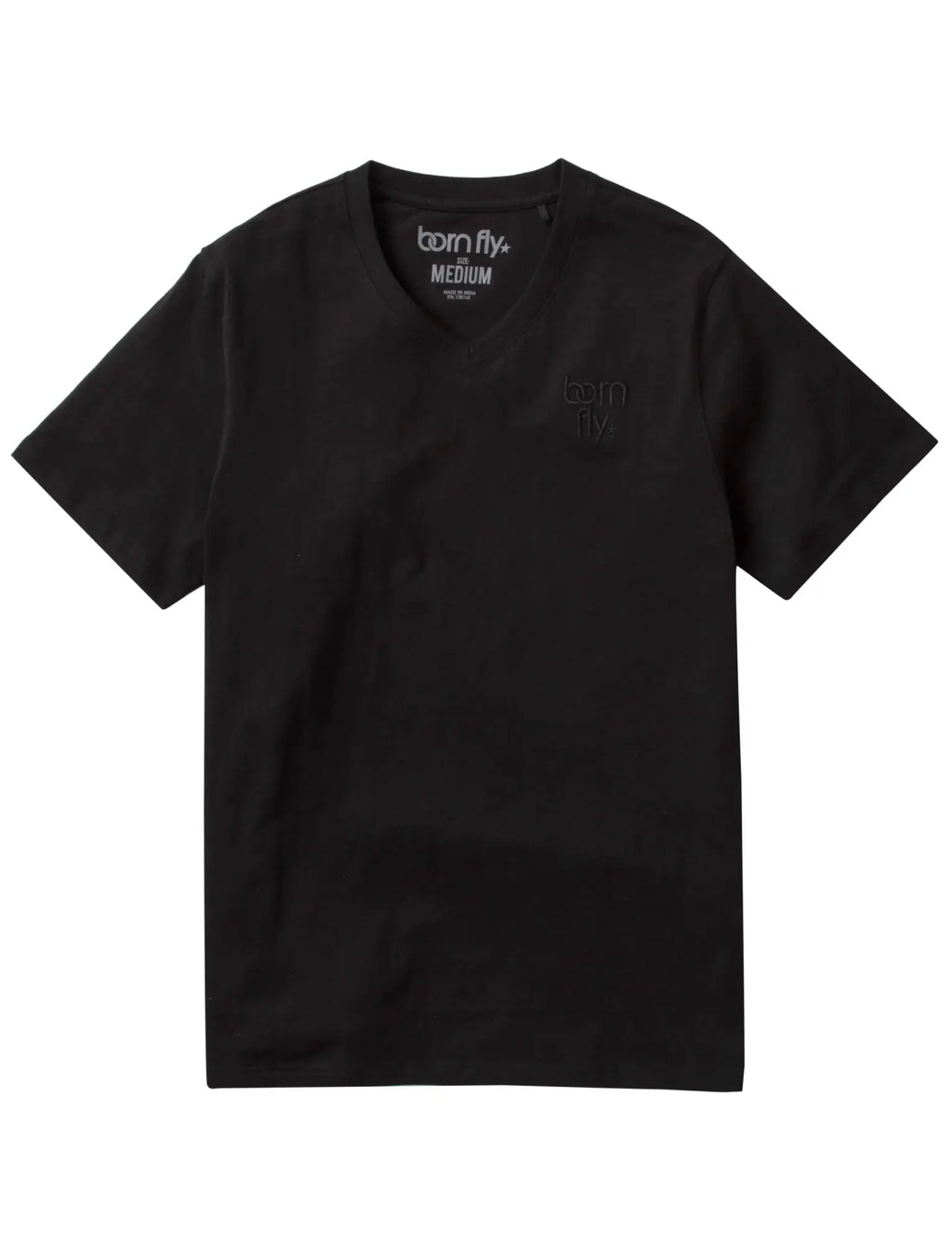 Black born fly v-neck tee with short sleeves and subtle embroidered logo on chest and printed collar detail