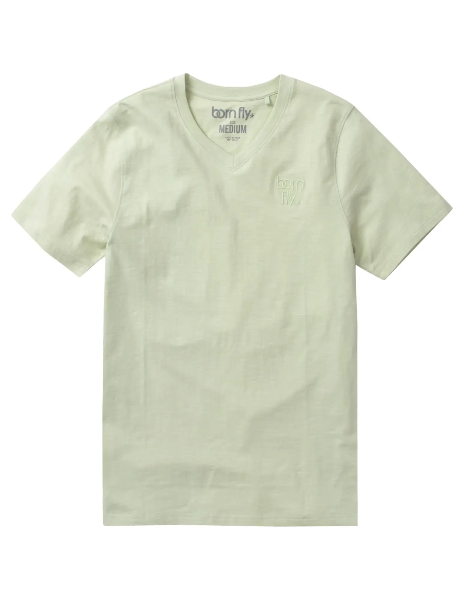 Born fly v-neck tee soft pale green short-sleeved cotton t-shirt with subtle embroidered logo on left chest
