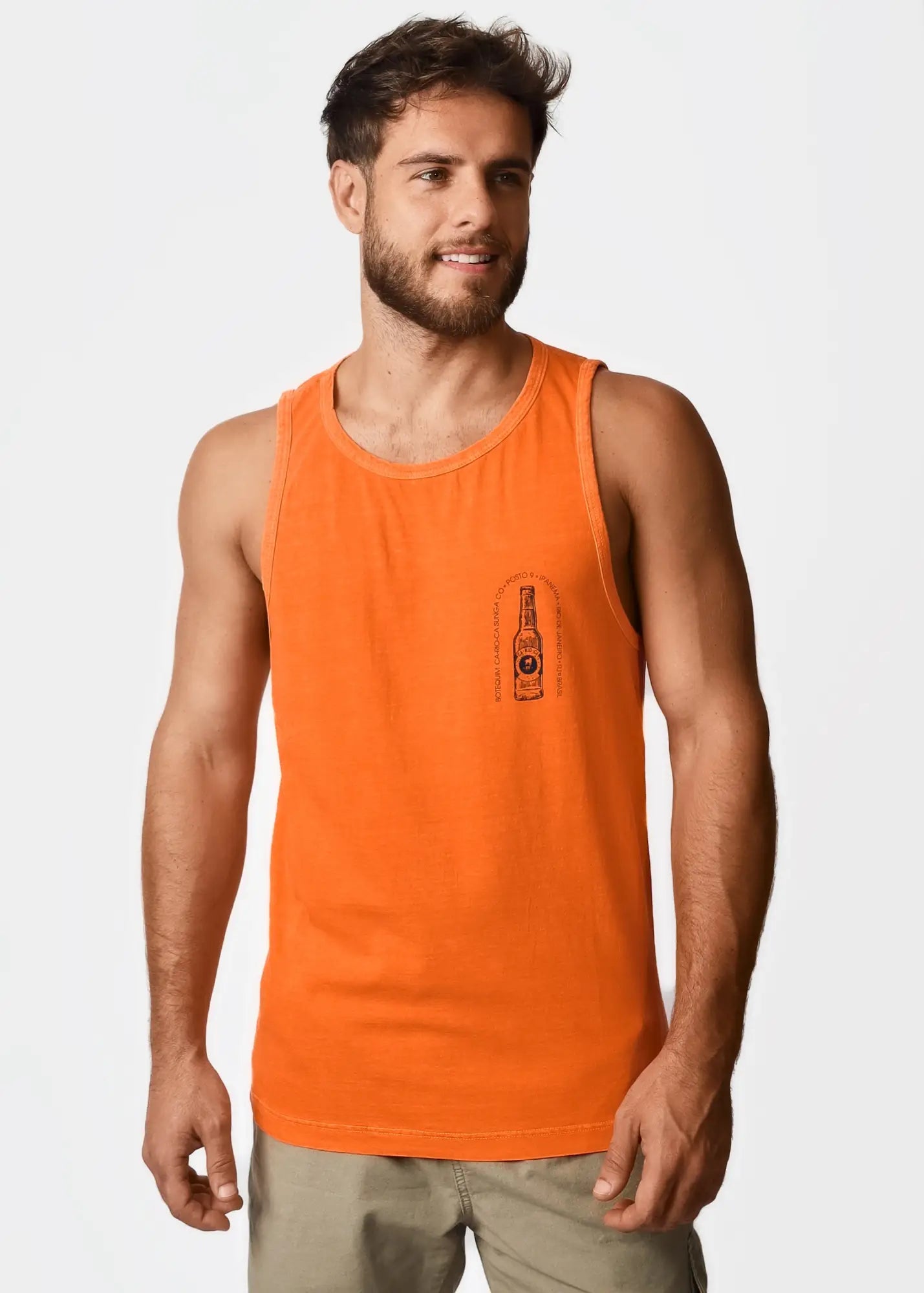 Bright orange sleeveless men’s tank top with a small black bottle graphic on the left chest by Botequim Ca-Rio-Ca