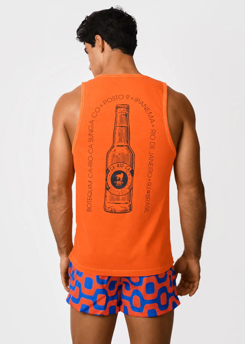 Bright orange men’s sleeveless tank top featuring a black beer bottle illustration with text in botequim ca-rio-ca style