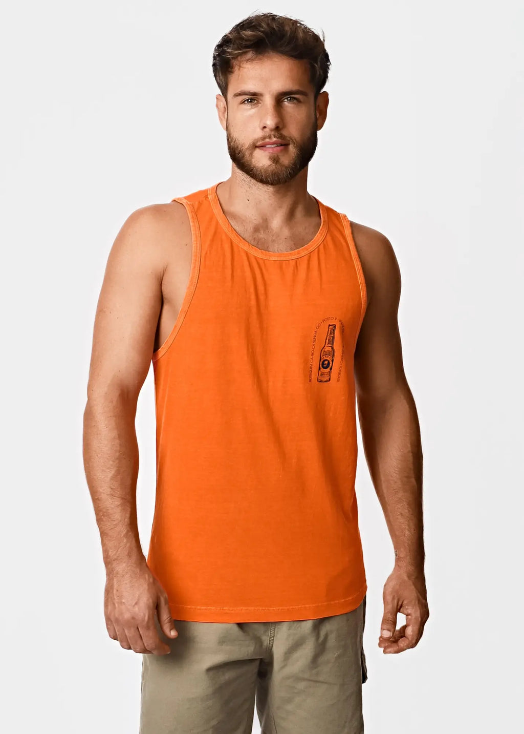 Bright orange sleeveless tank top with a small bottle graphic on the left chest from BOTEQUIM CA-RIO-CA men’s collection