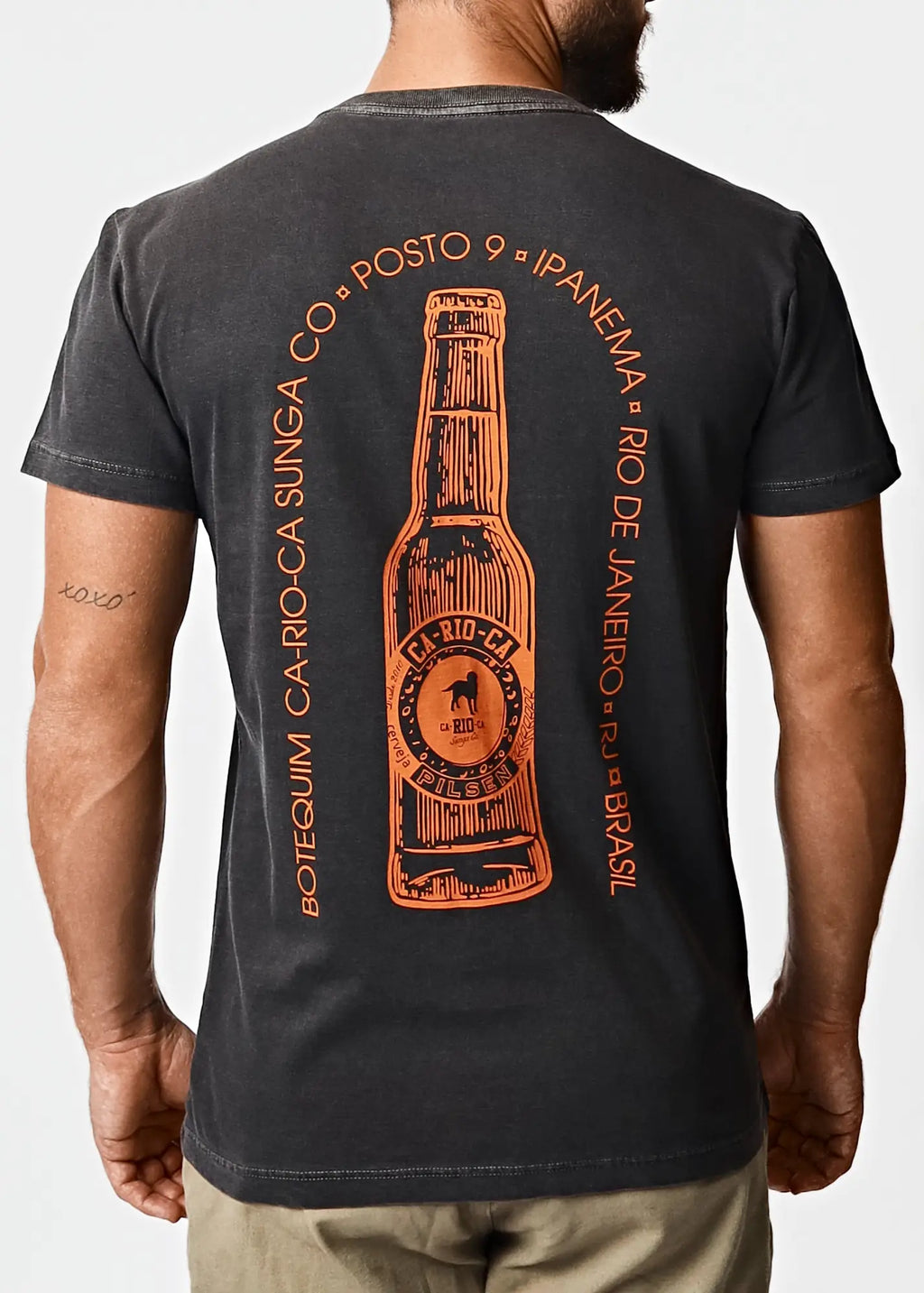 Black men’s botequim tee t-shirt with orange screen-printed beer bottle graphic and surrounding text on front