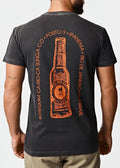 Black men’s botequim tee t-shirt with orange screen-printed beer bottle graphic and surrounding text on front