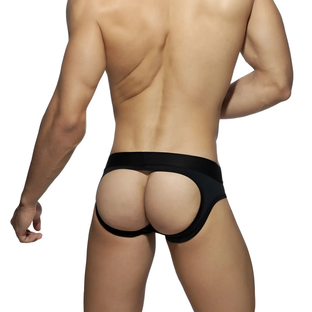 Black bottomless fetish brief with high-waisted elastic waistband and back cutouts shown from the back side
