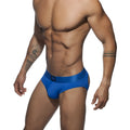 Bright blue bottomless fetish brief with satin-like waistband and small black logo on front in form-fitting style