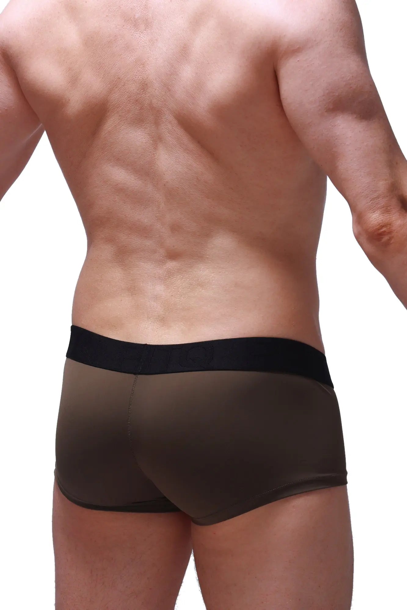 Brown athletic boxer briefs with black elastic waistband made for comfortable active wear