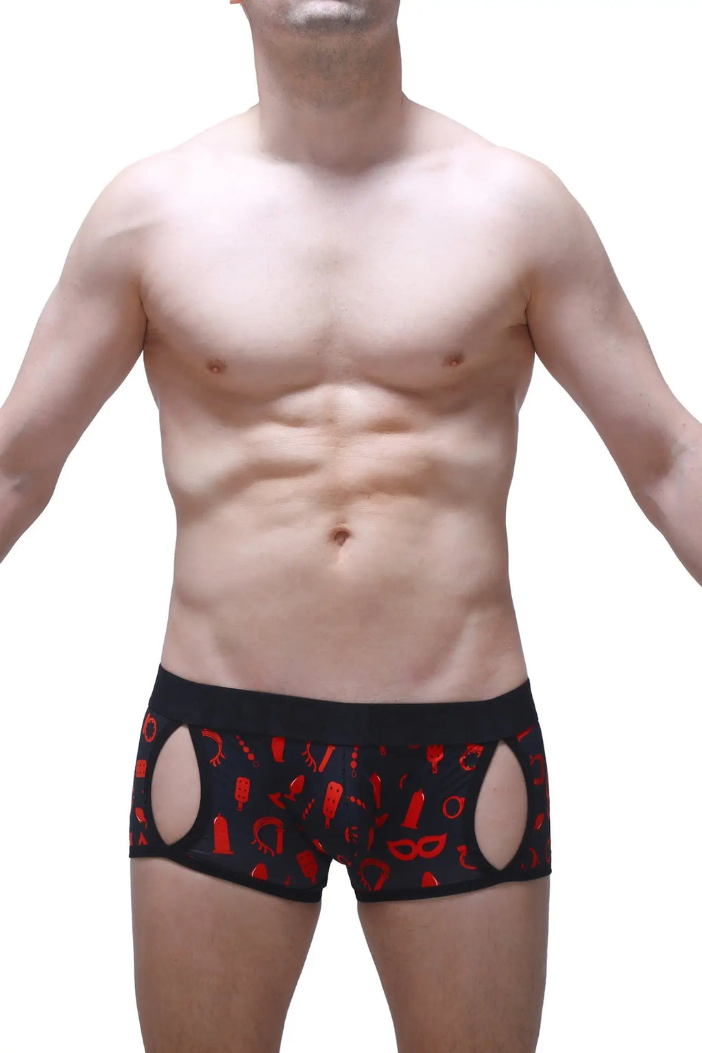 Black men’s briefs boxer anzex boudoir with red erotic cutouts and symbols for intimate wear