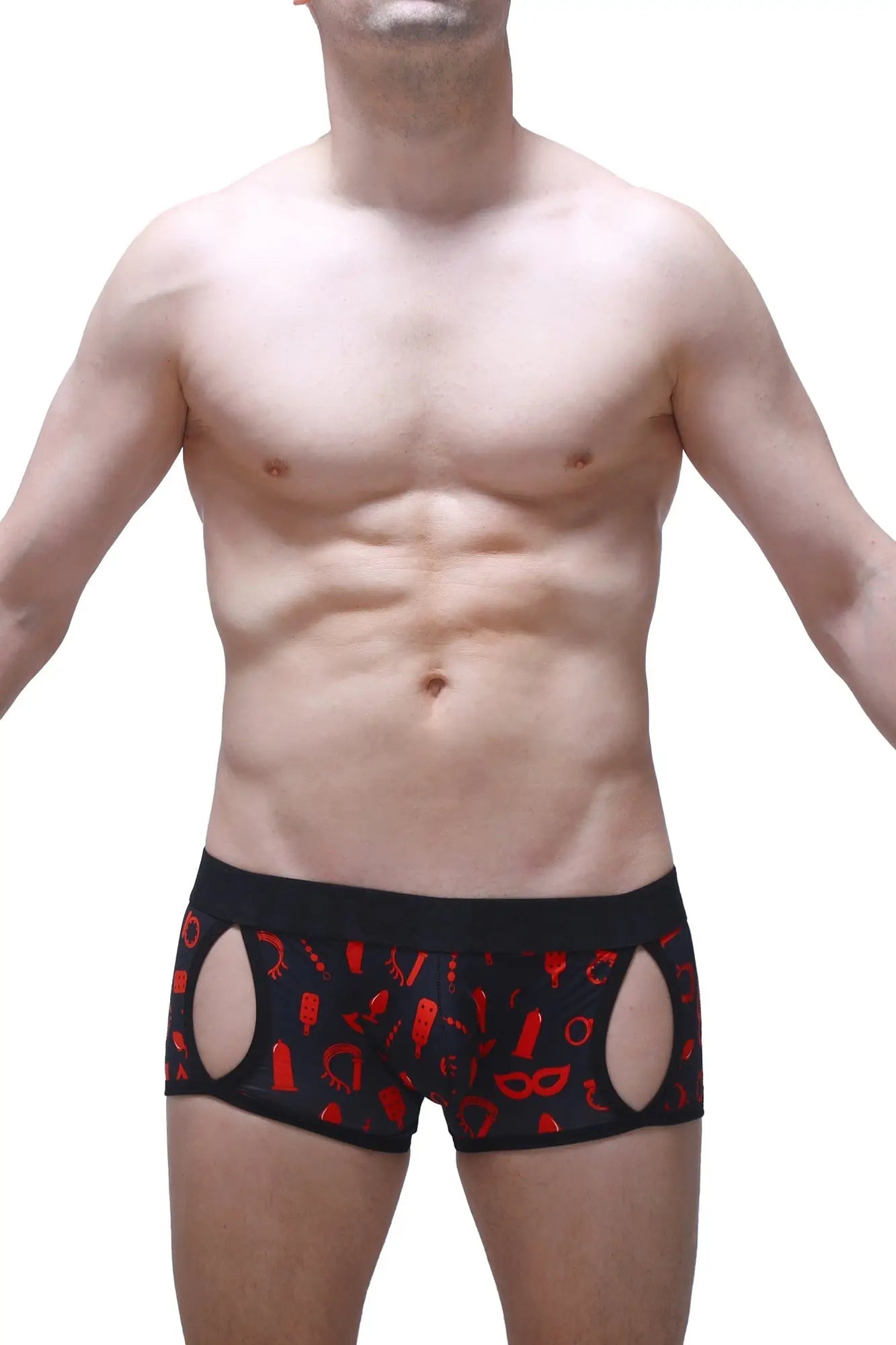 Black men’s briefs boxer anzex boudoir with red erotic cutouts and symbols for intimate wear