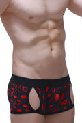 Black boxer anzex boudoir briefs with red erotic graphics and cut-out sides in a provocative design