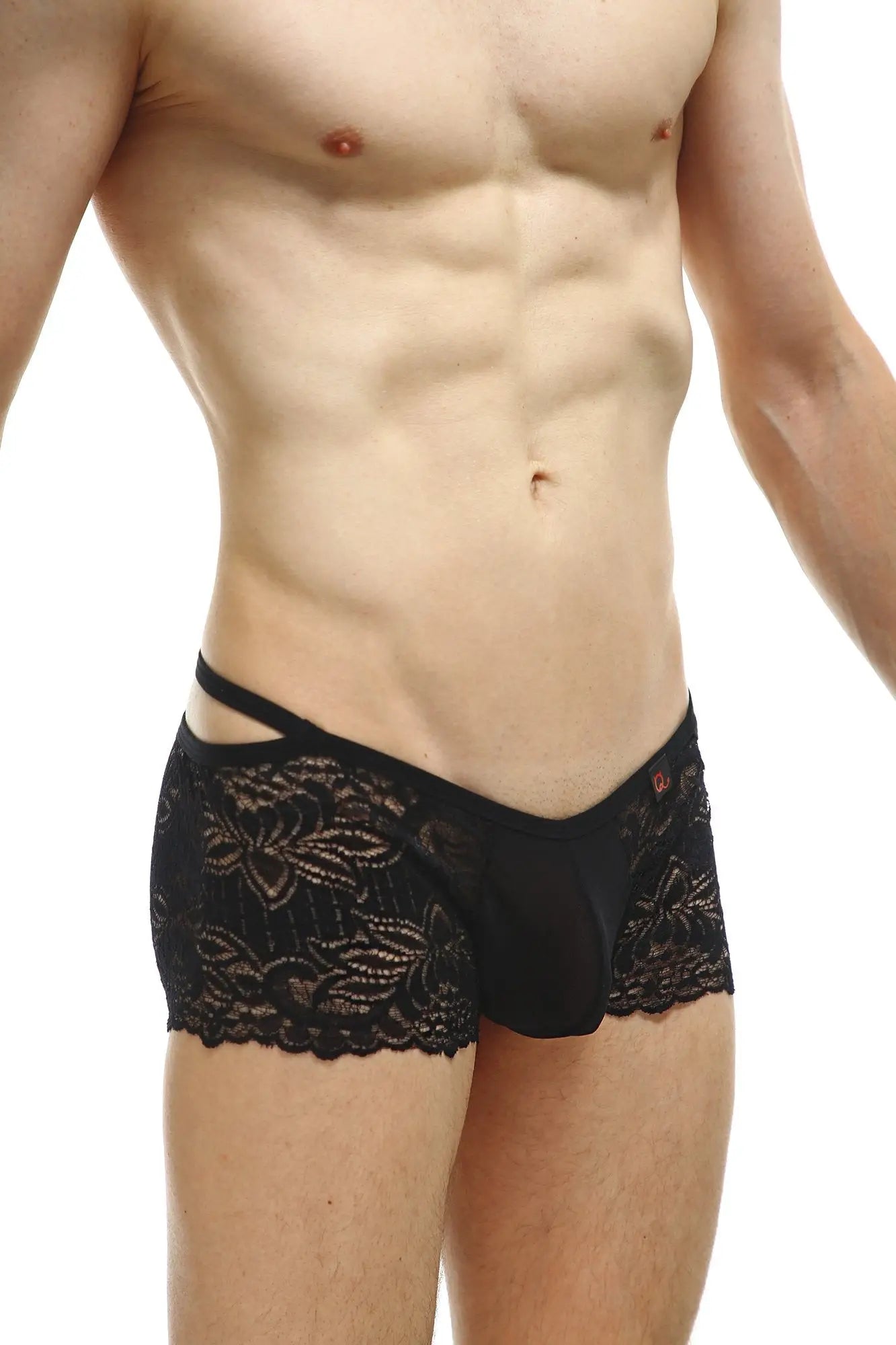 Black lace-trimmed men’s briefs boxer baden lace black with floral pattern and side cutouts