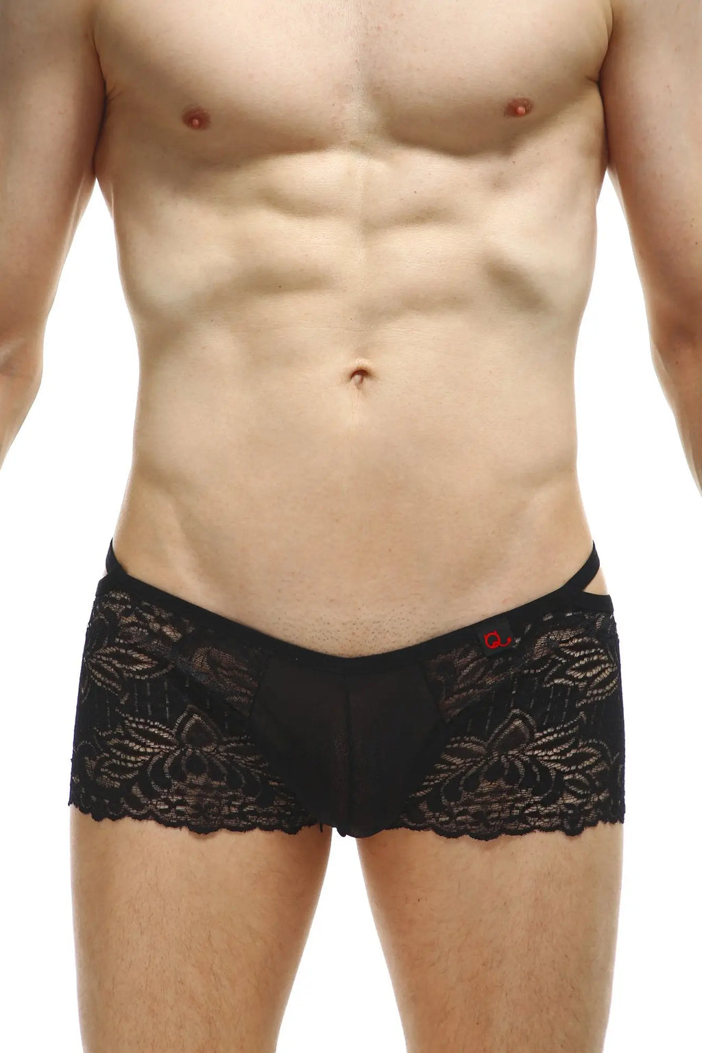Black lace-trimmed men’s briefs boxer baden lace black with floral pattern and red waistband logo front view
