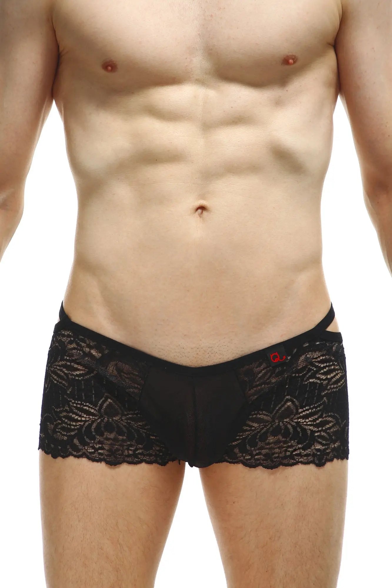 Black lace-trimmed men’s briefs boxer baden lace black with floral pattern and red waistband logo front view