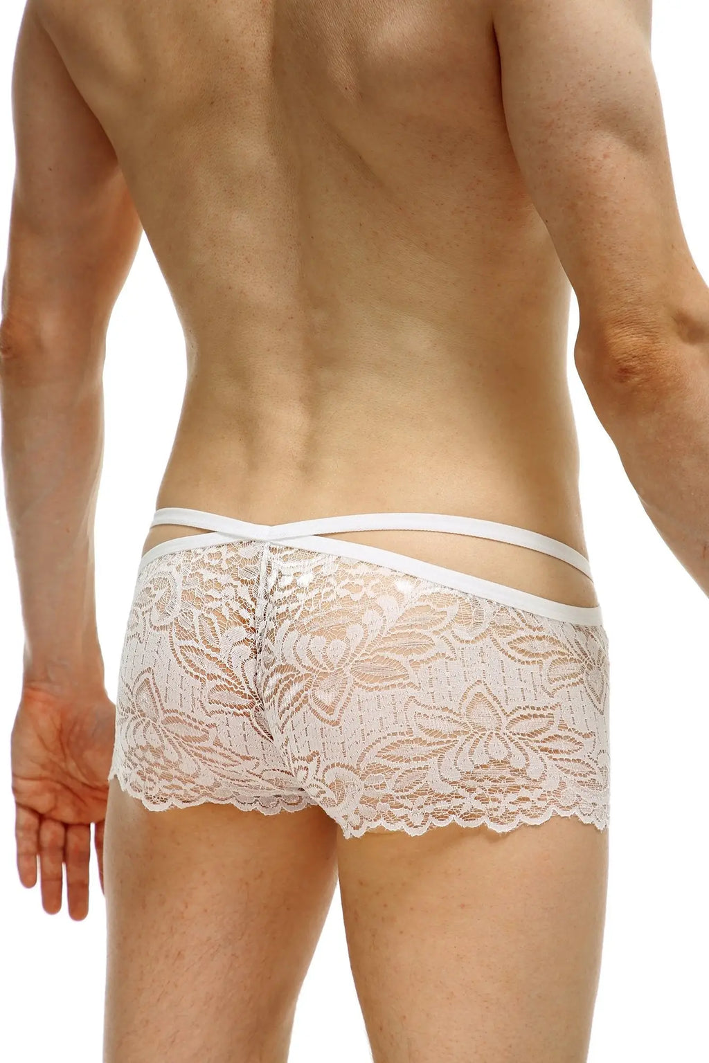 White lace boxer briefs with floral pattern and crossed waistband detailing in elegant white lace design