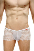 White lace-trimmed men’s boxer underwear with sheer mesh front panel and elastic waistband in white color