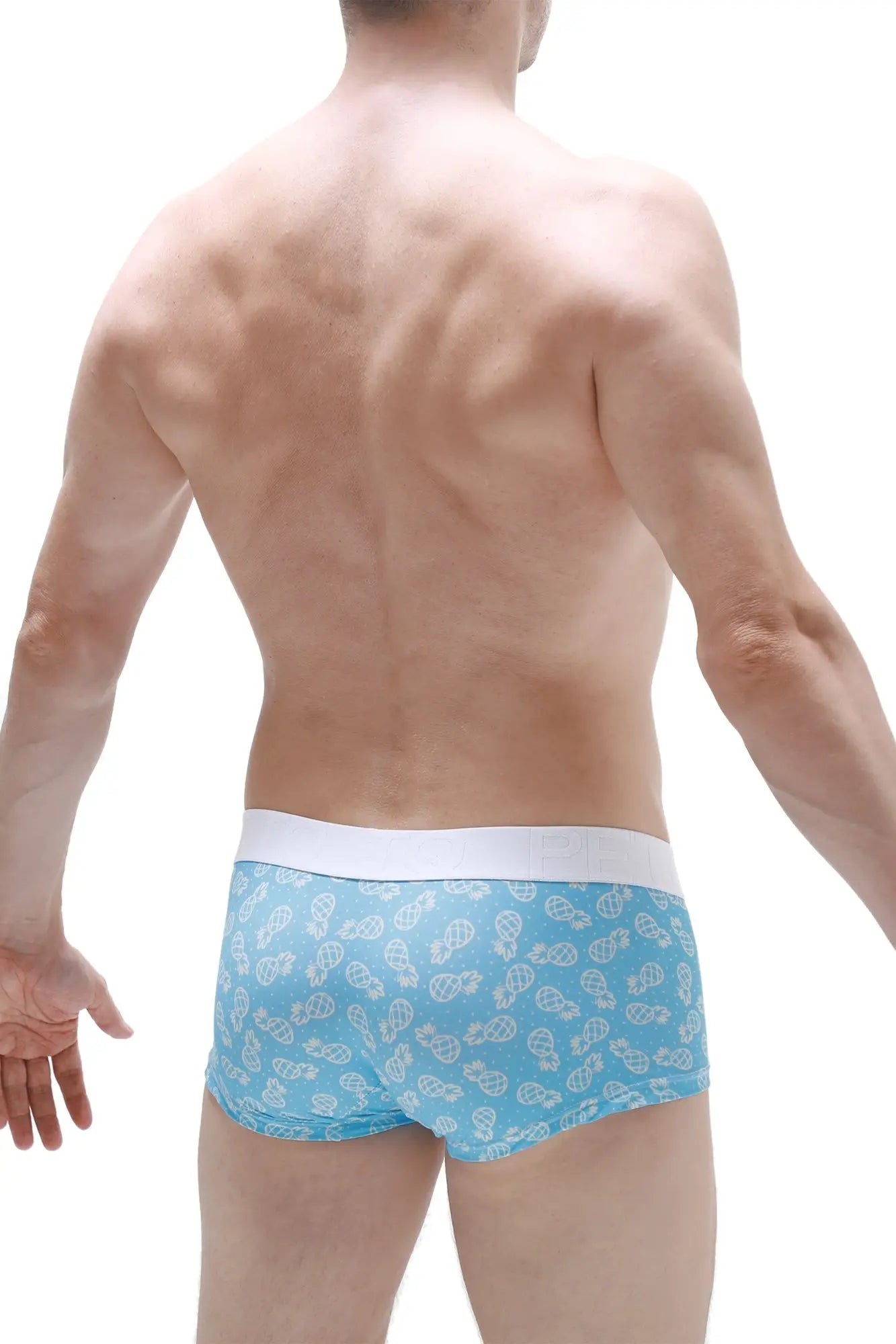 Light blue boxer brief ananas with white waistband and white stylized pineapple pattern for everyday wear