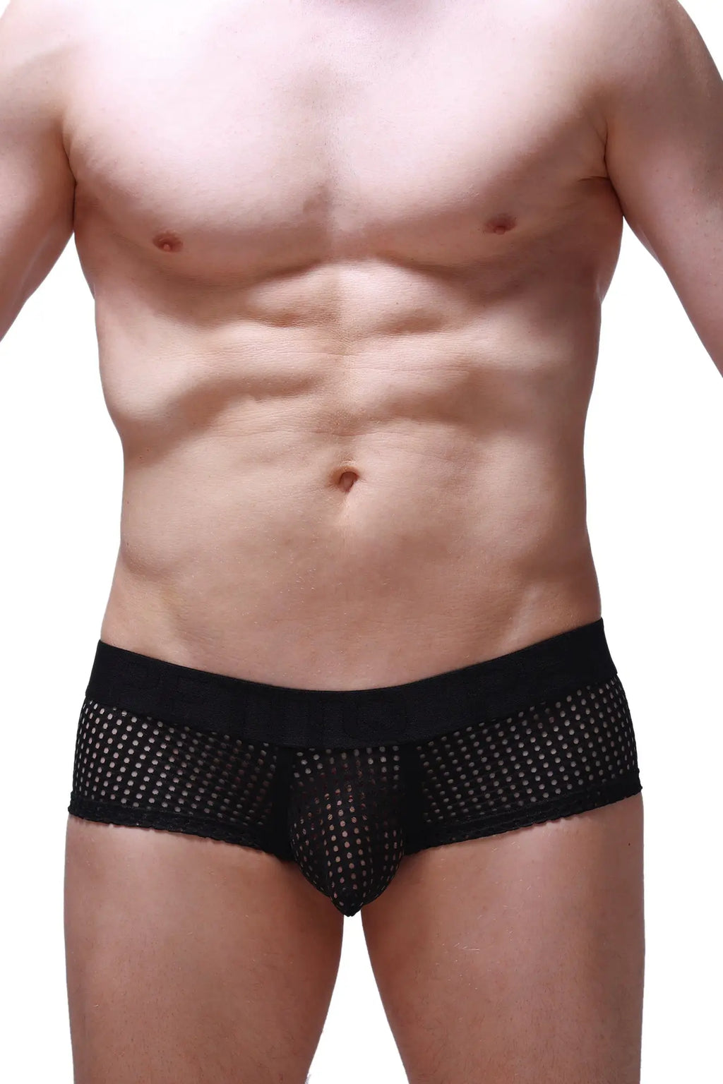 Black mesh boxer brief chill durtol with solid black waistband showing breathable lightweight fabric