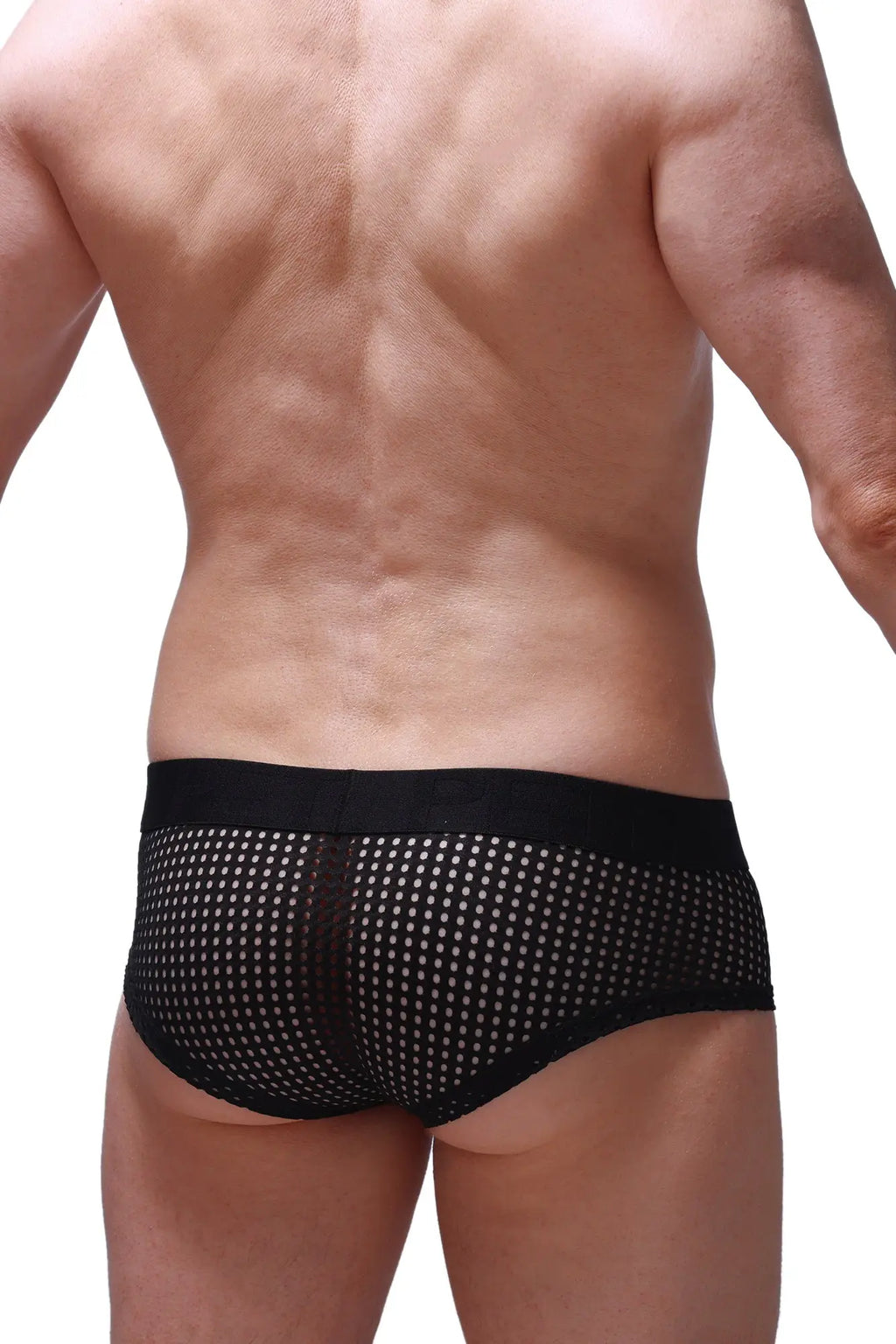 Black mesh boxer brief chill durtol black with solid black waistband and white dot pattern front view