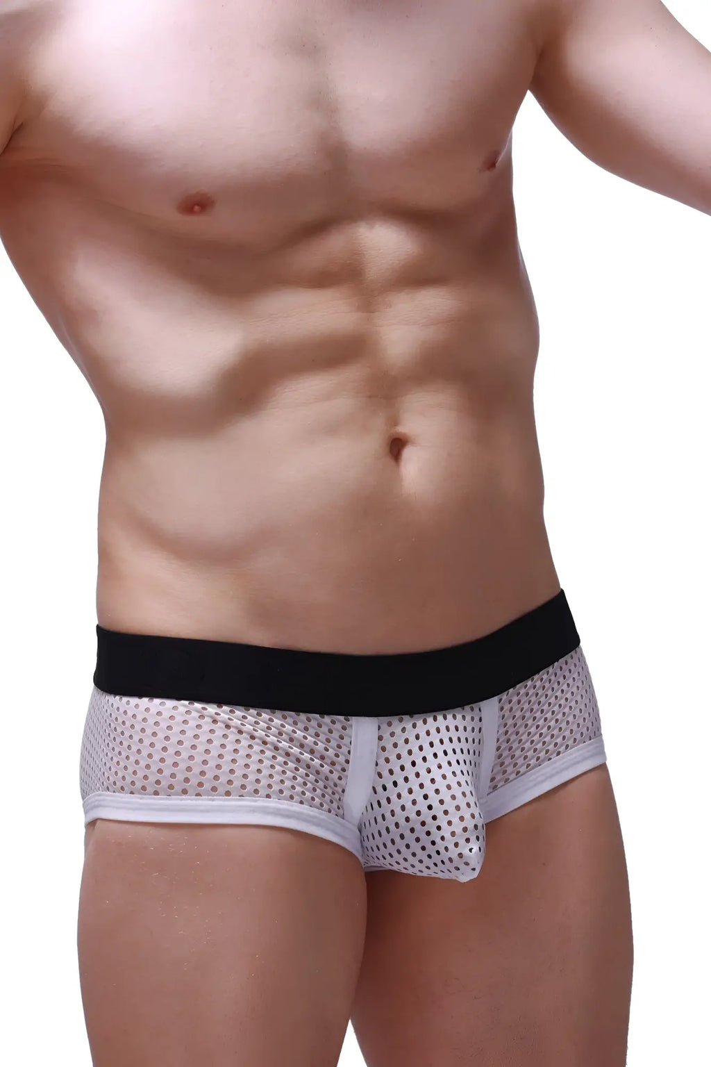 White mesh boxer brief chill durtol with black waistband and white trim for breathable comfort