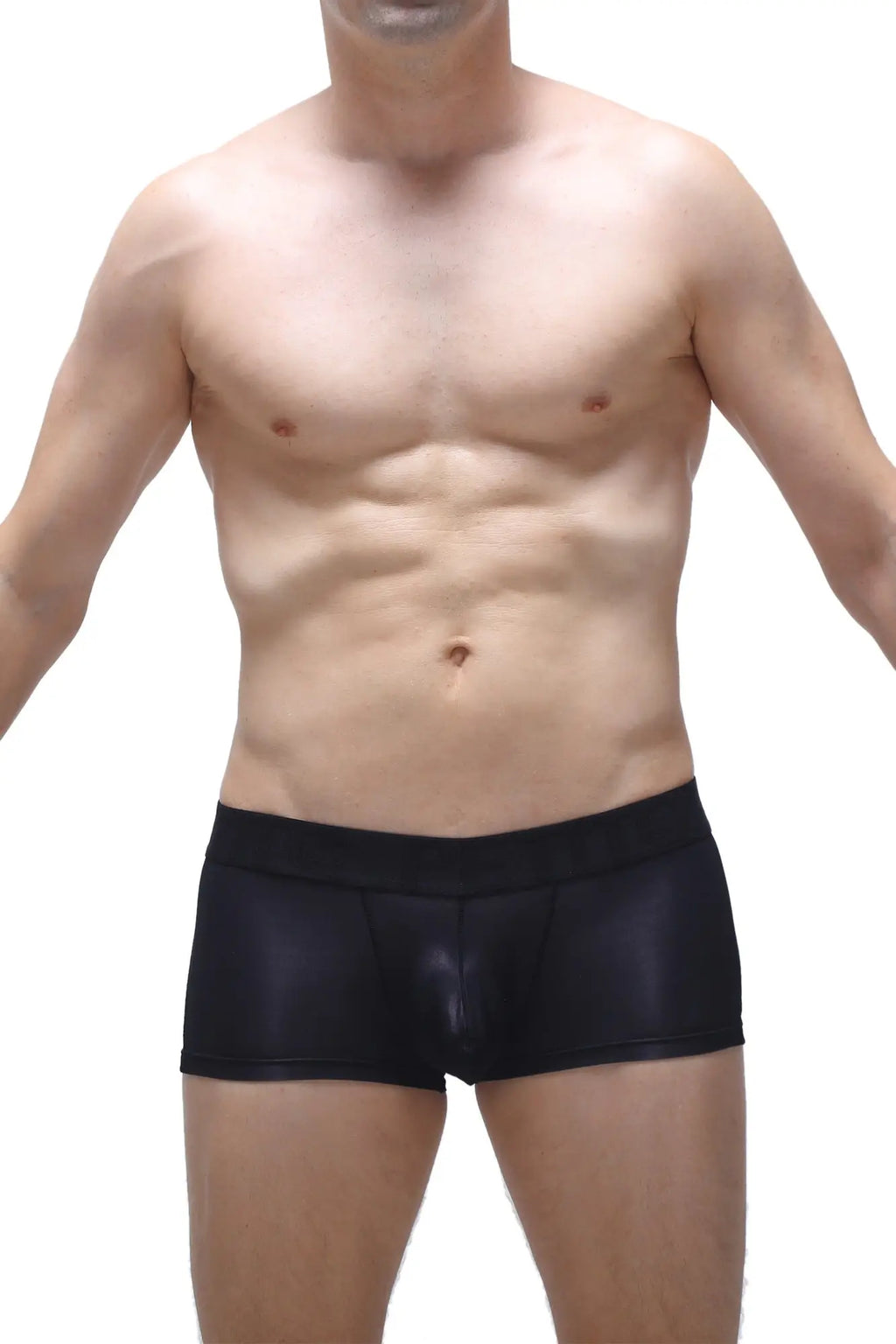 Black shiny form-fitting boxer briefs made of smooth sleek voile material called boxer brief dome voile black