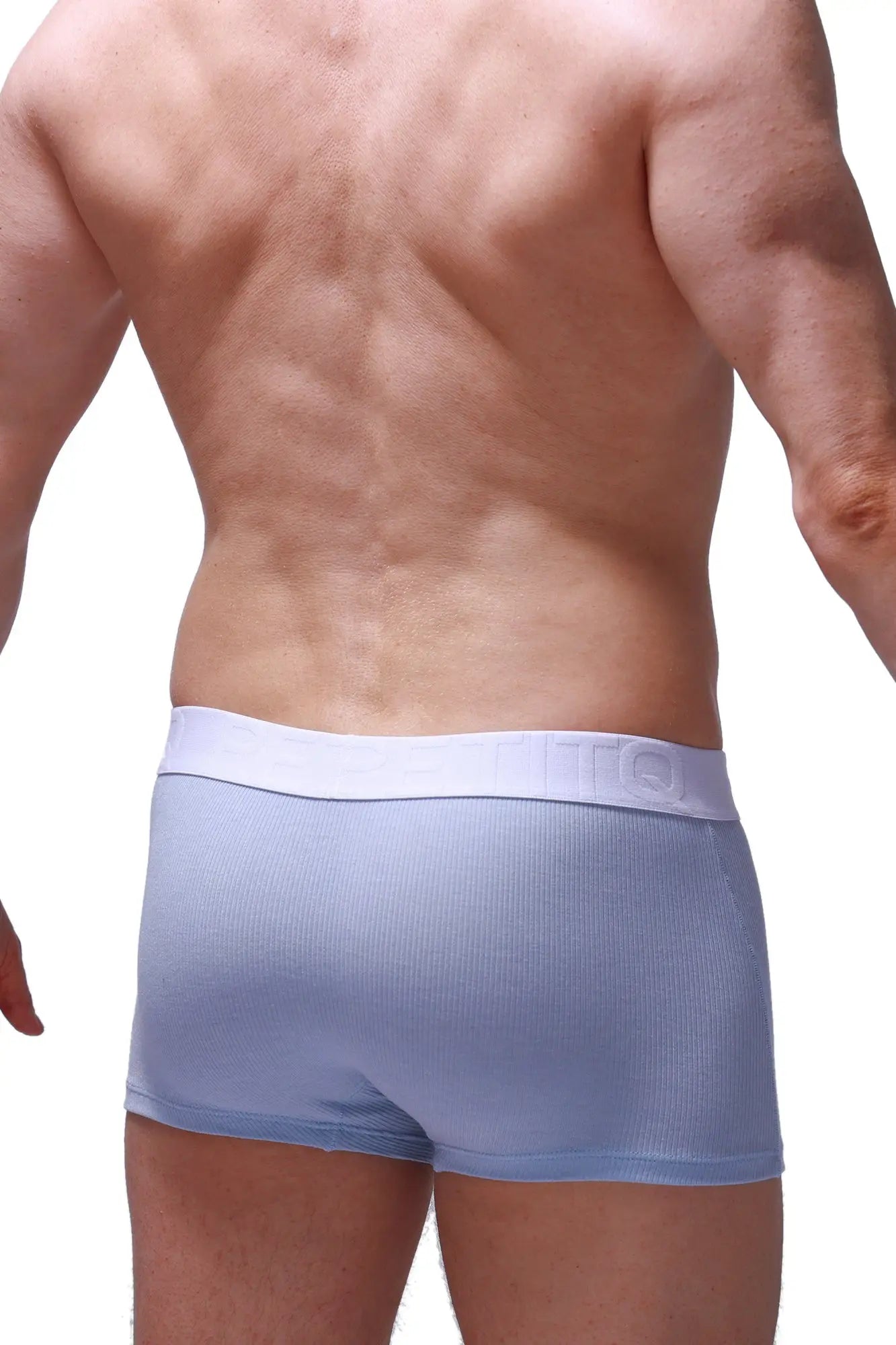 Light blue ribbed men’s boxer briefs with white elastic waistband featuring brand logo and comfortable fit